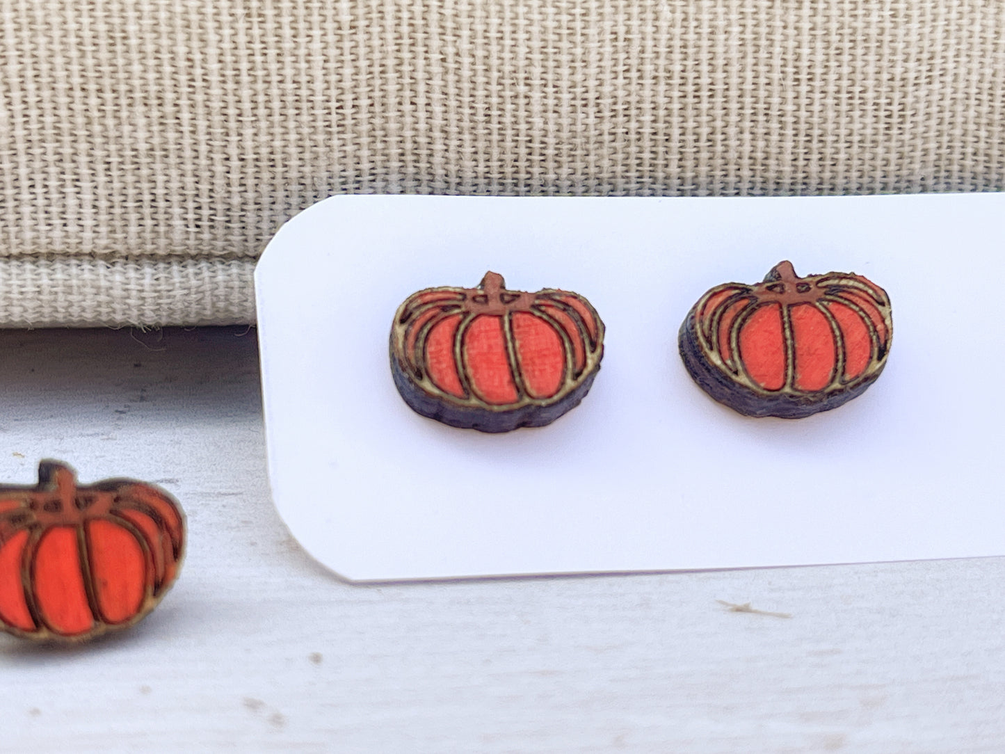 Pumpkin Stud Earrings — Handmade Laser Cut Plywood, Autumn Halloween Jewellery