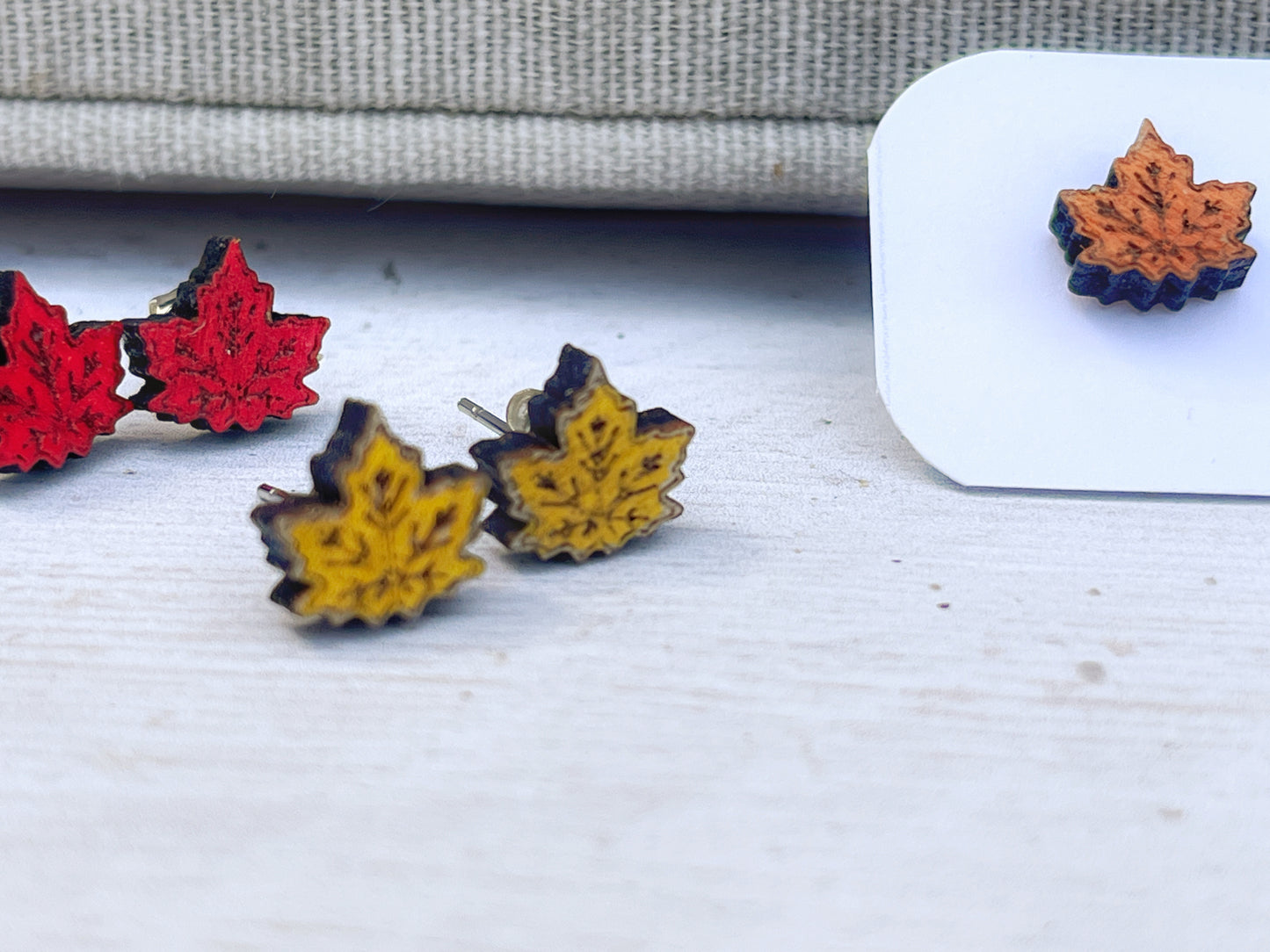 Maple Leaf Stud Earrings — Handmade Laser Cut Plywood, Yellow Orange or Red, Autumn Nature Jewellery