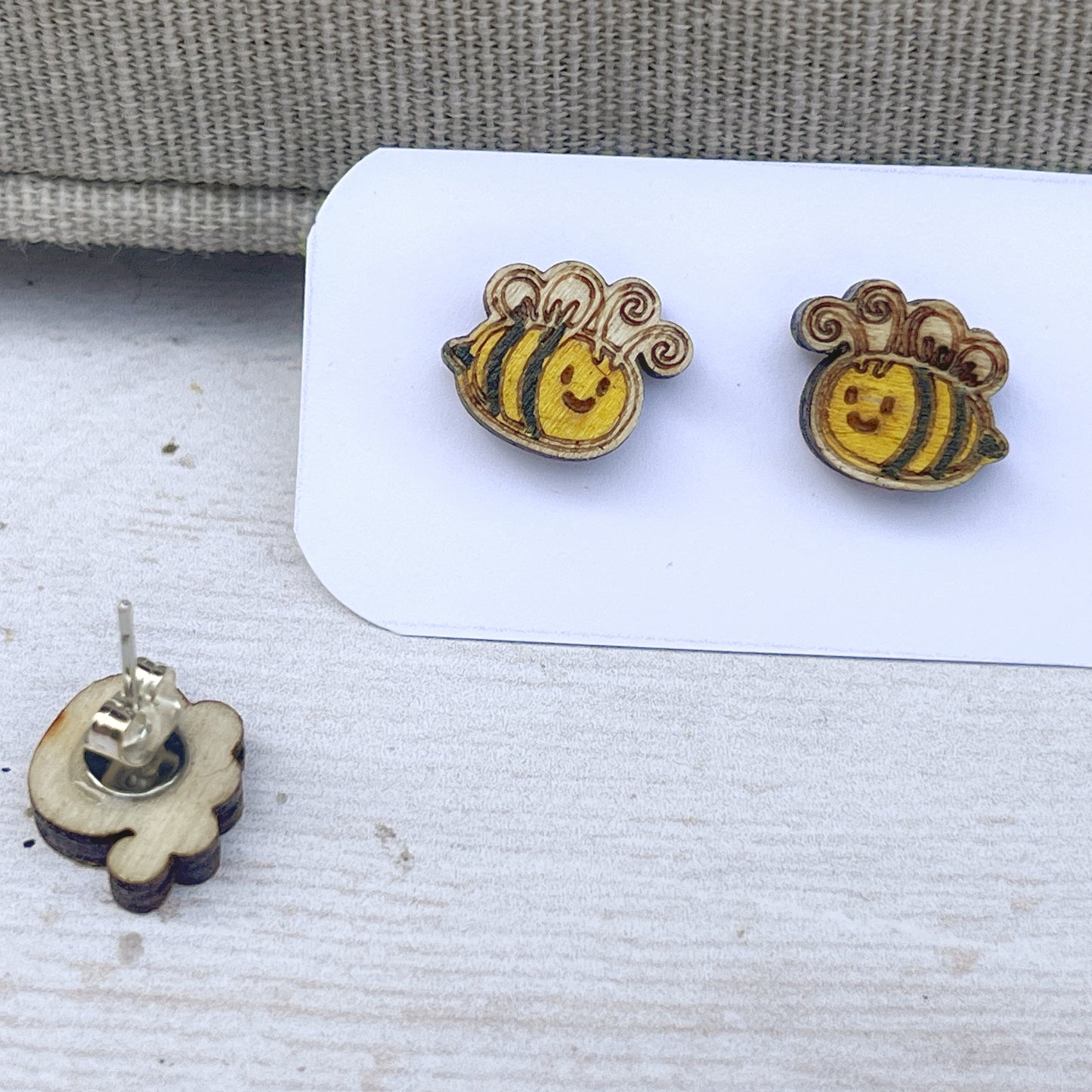 Bee Stud Earrings — Handmade Laser Cut Plywood, Cute Bee Lover Gift