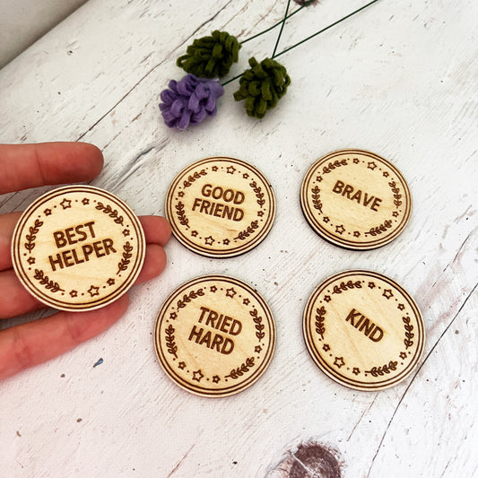 Kids Achievement Coin Set — Pack of 5 Wooden Reward Tokens