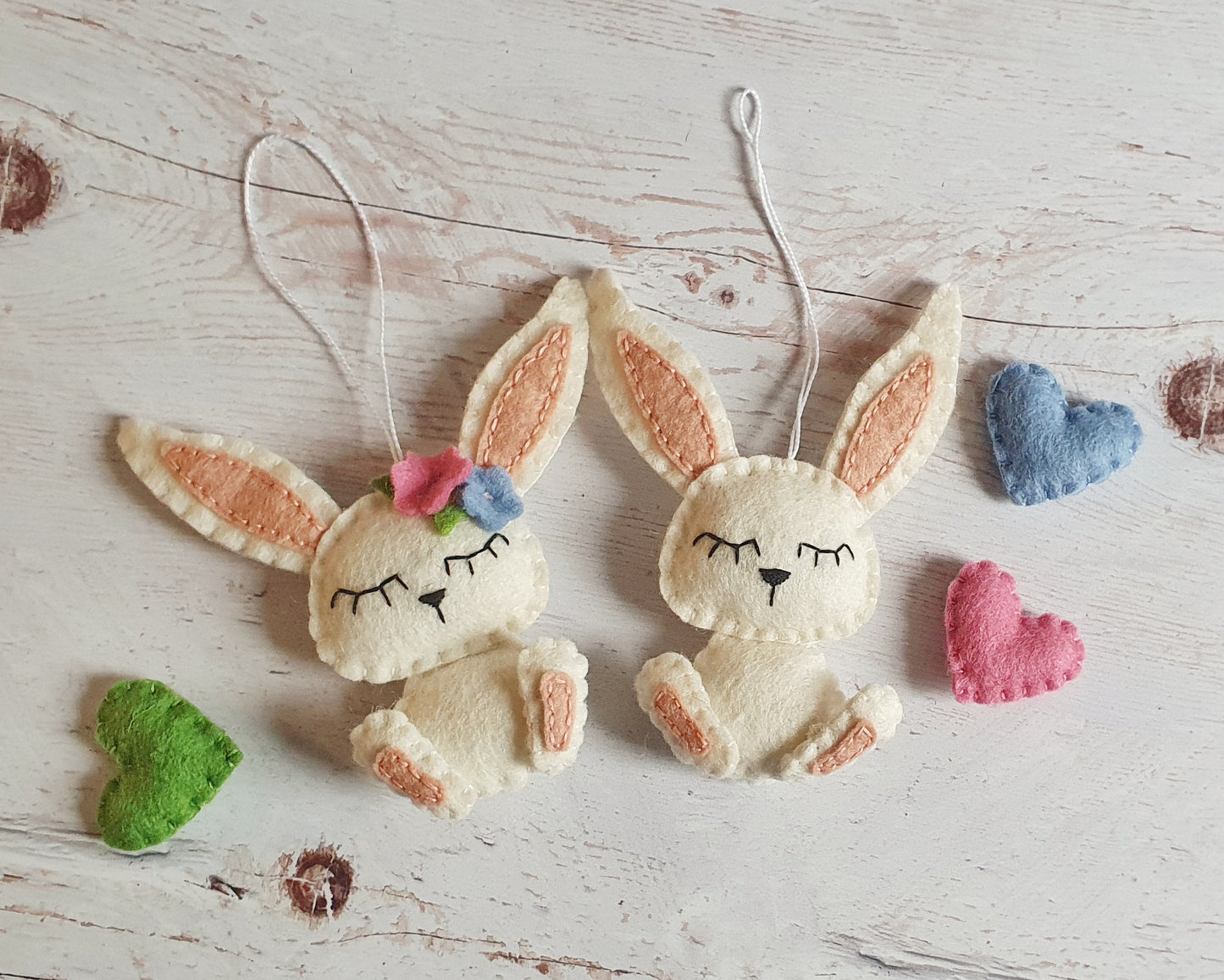 Easter Felt Ornament Set – Embroidered Heart, Egg & Rabbit | Handmade