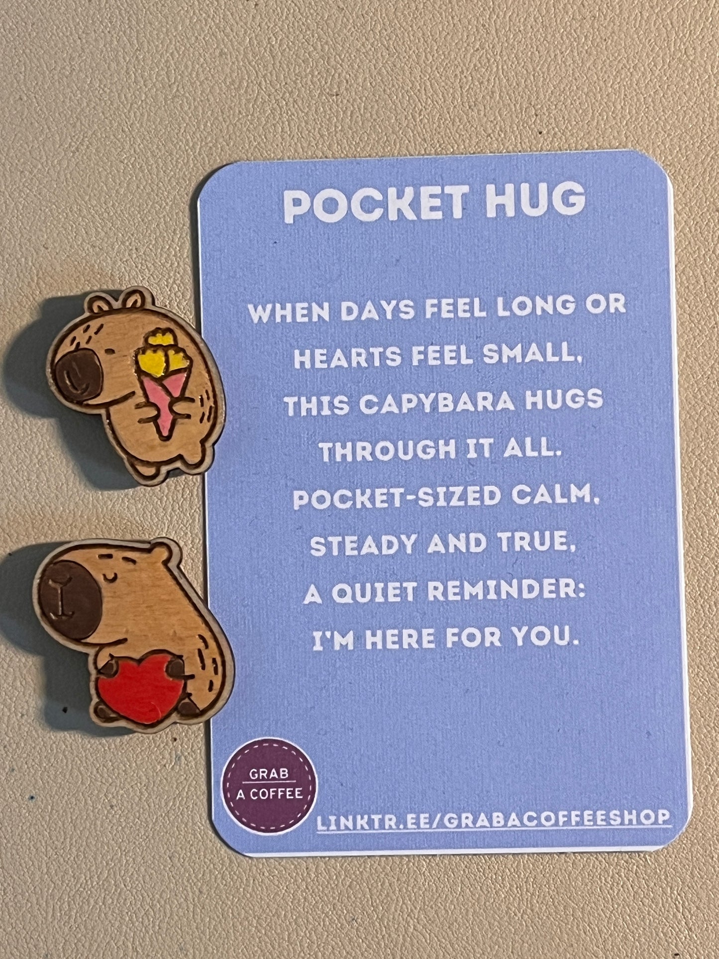 Wooden Capybara Pocket Hug Token – Hand‑Painted Mini Gift | 2 Styles + 2 Poem Cards