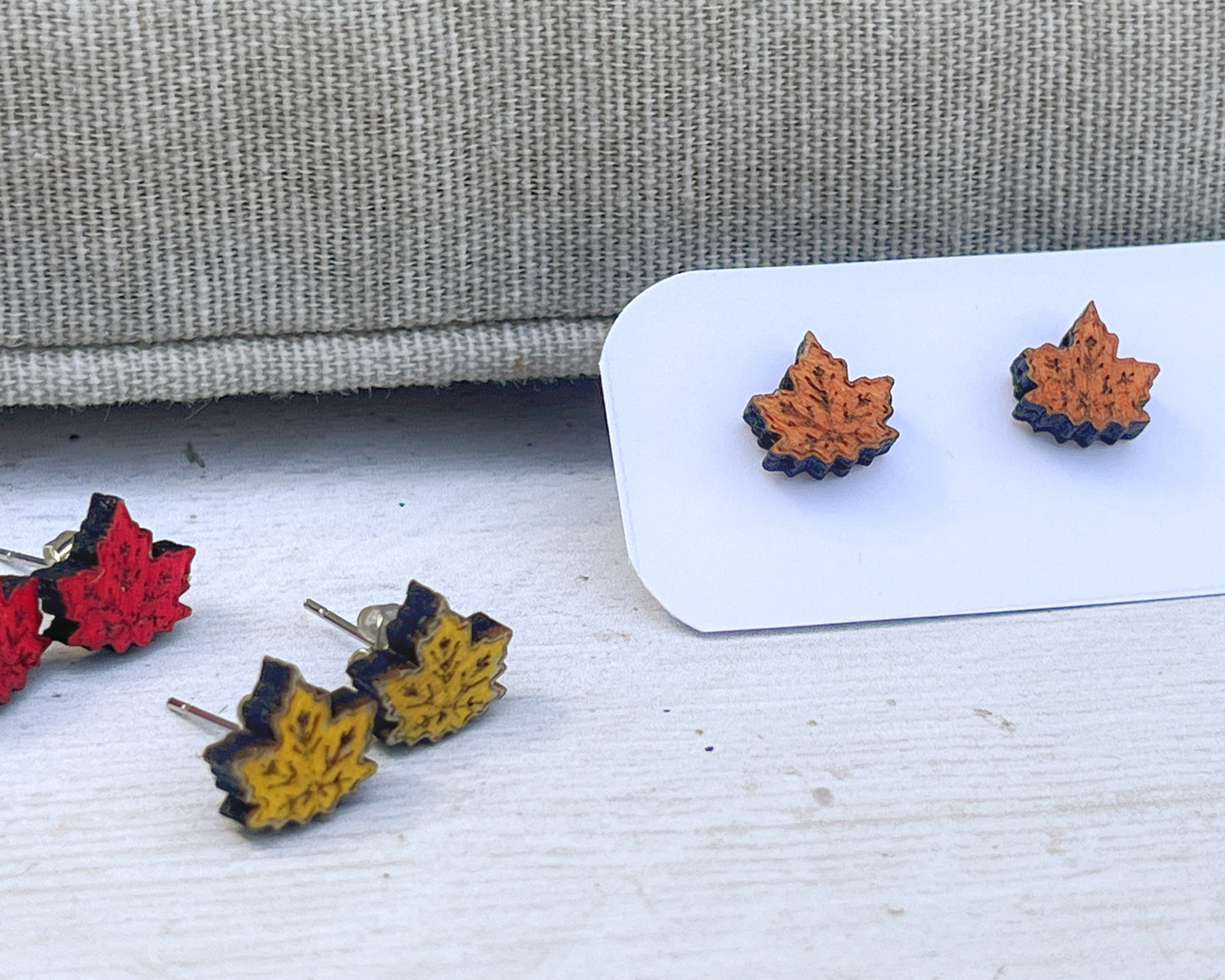 Maple Leaf Stud Earrings — Handmade Laser Cut Plywood, Yellow Orange or Red, Autumn Nature Jewellery
