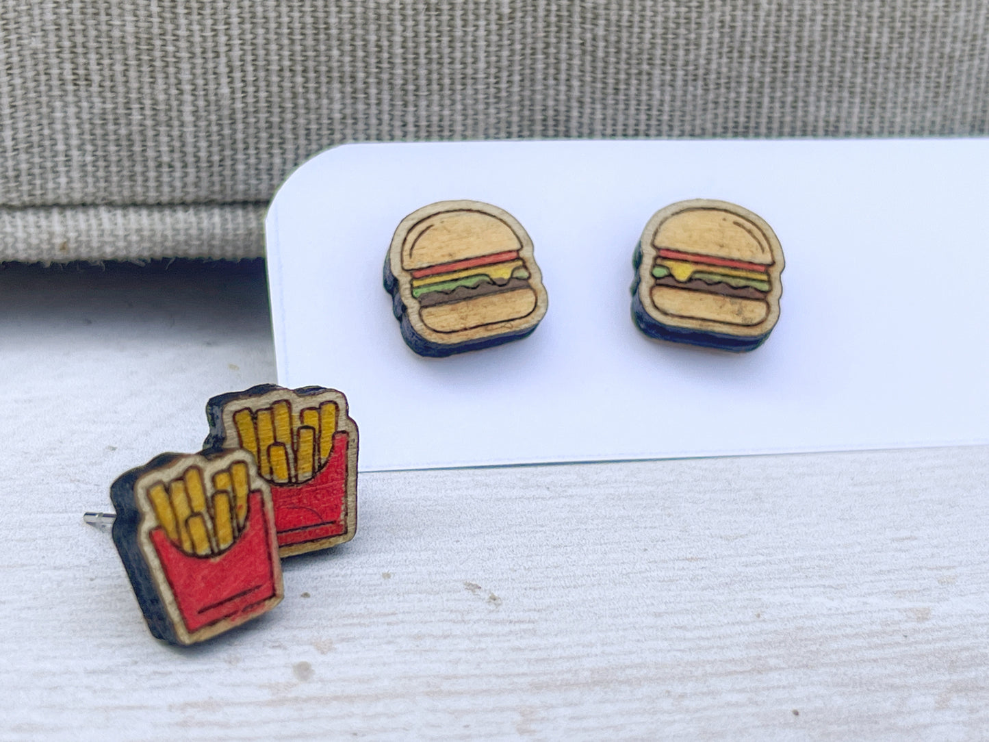 Hamburger Studs — Hand-Painted Wooden Earrings