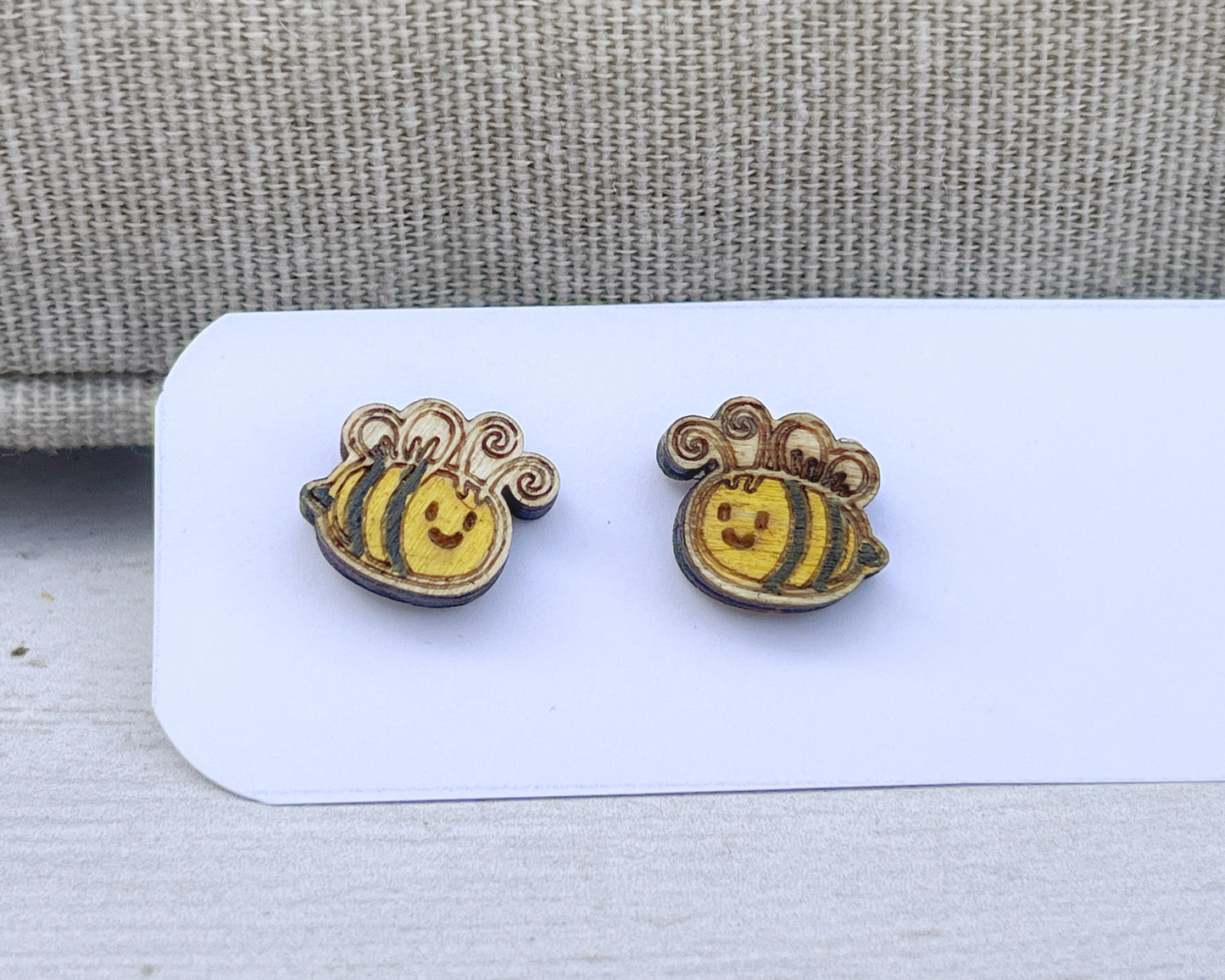 Bee Stud Earrings — Handmade Laser Cut Plywood, Cute Bee Lover Gift