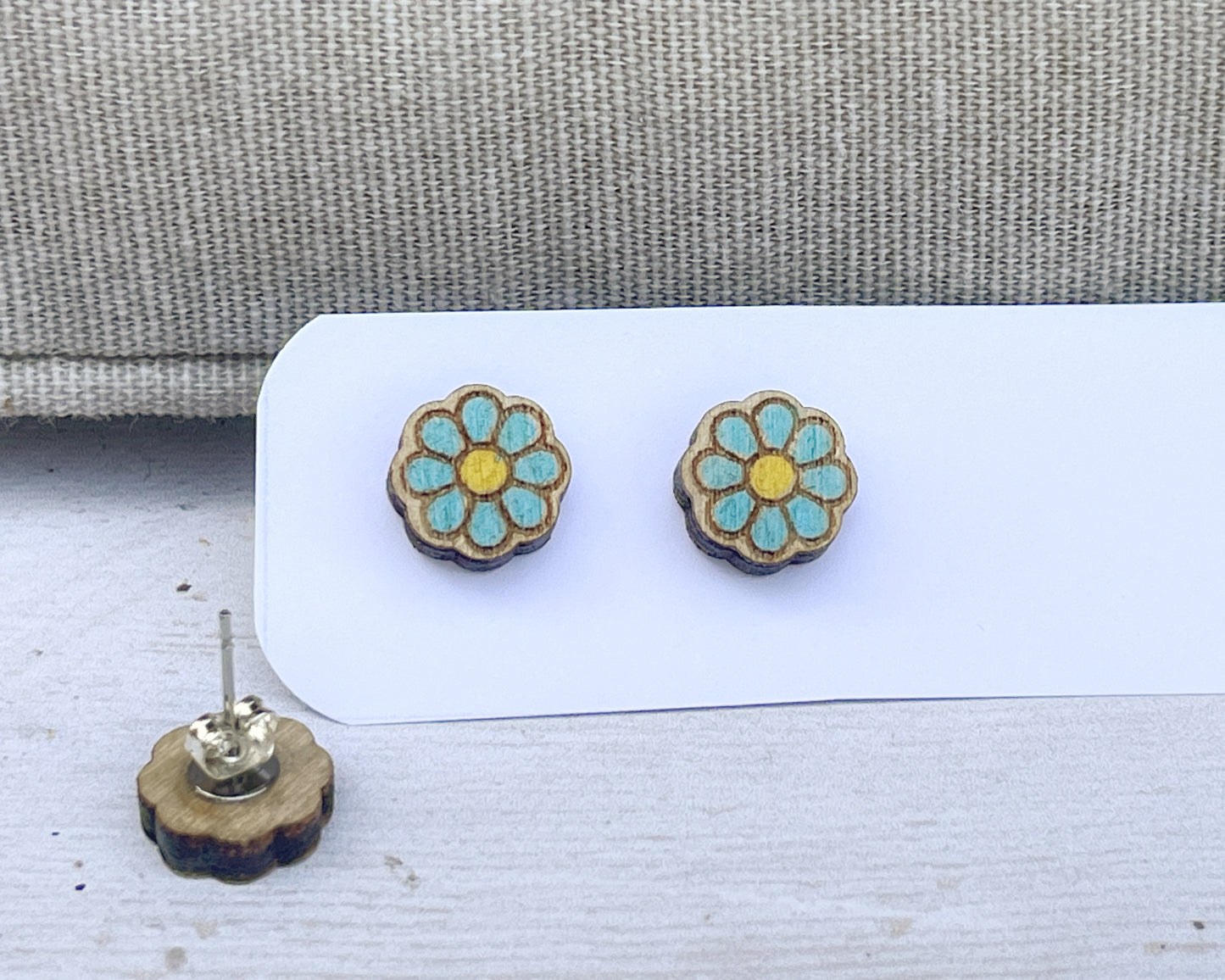Daisy Flower Stud Earrings — Handmade Laser Cut Plywood, White or Blue, Floral Nature Jewellery