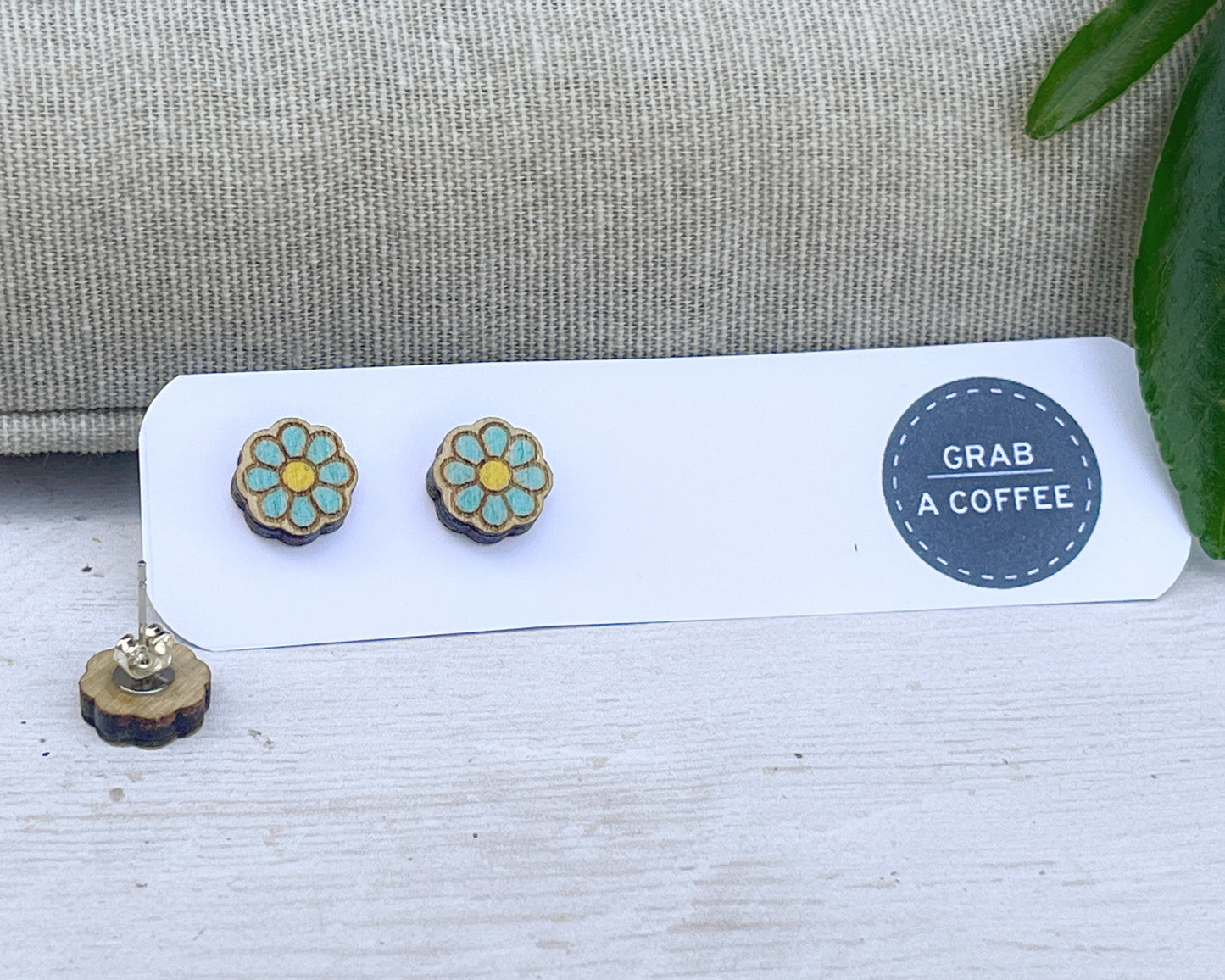 Daisy Flower Stud Earrings — Handmade Laser Cut Plywood, White or Blue, Floral Nature Jewellery