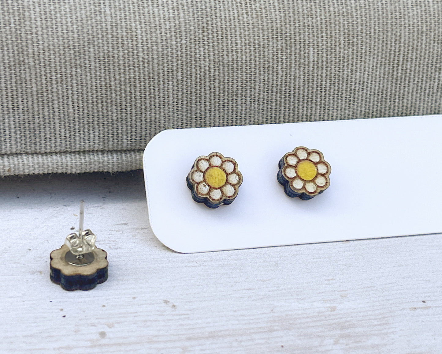 Daisy Flower Stud Earrings — Handmade Laser Cut Plywood, White or Blue, Floral Nature Jewellery