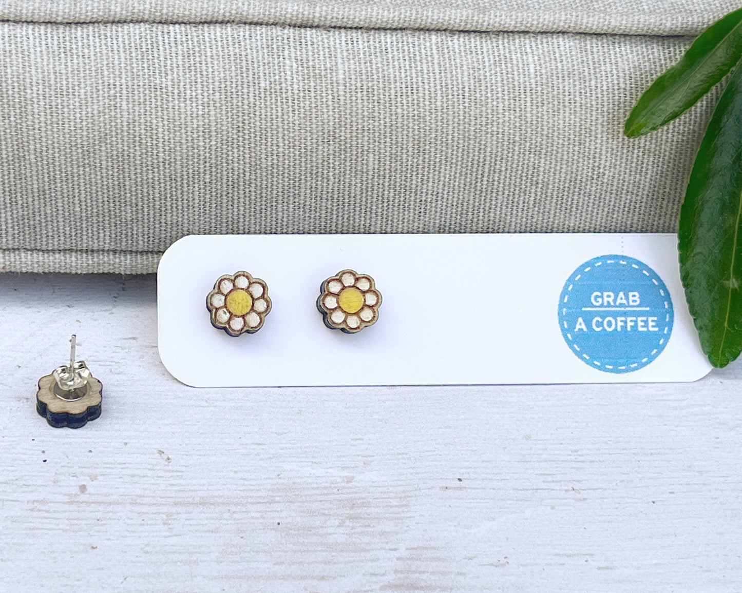 Daisy Flower Stud Earrings — Handmade Laser Cut Plywood, White or Blue, Floral Nature Jewellery