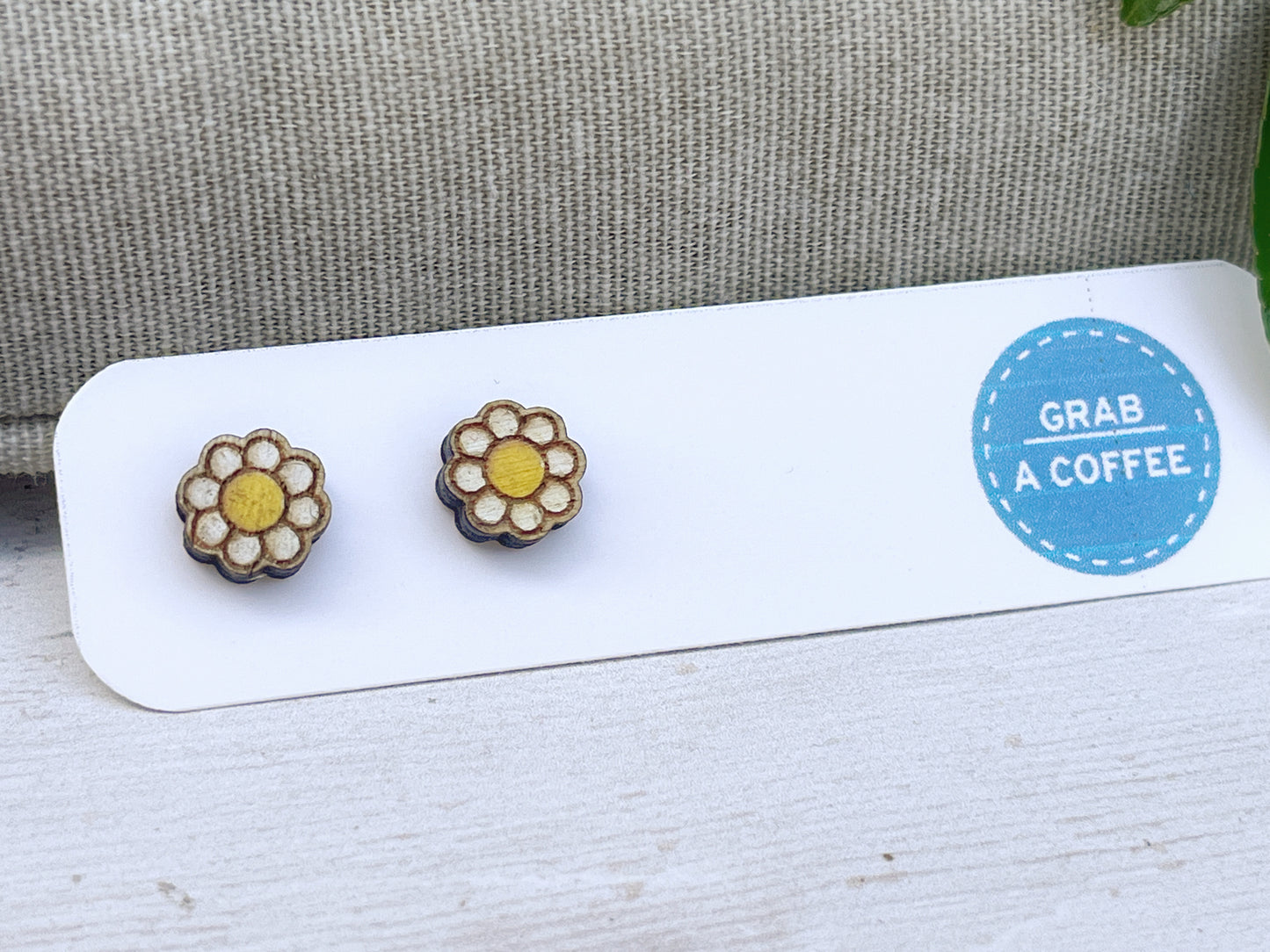 Daisy Flower Stud Earrings — Handmade Laser Cut Plywood, White or Blue, Floral Nature Jewellery