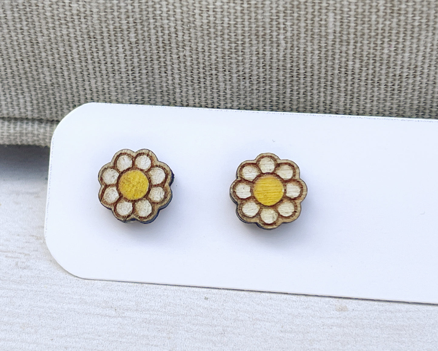 Daisy Flower Stud Earrings — Handmade Laser Cut Plywood, White or Blue, Floral Nature Jewellery