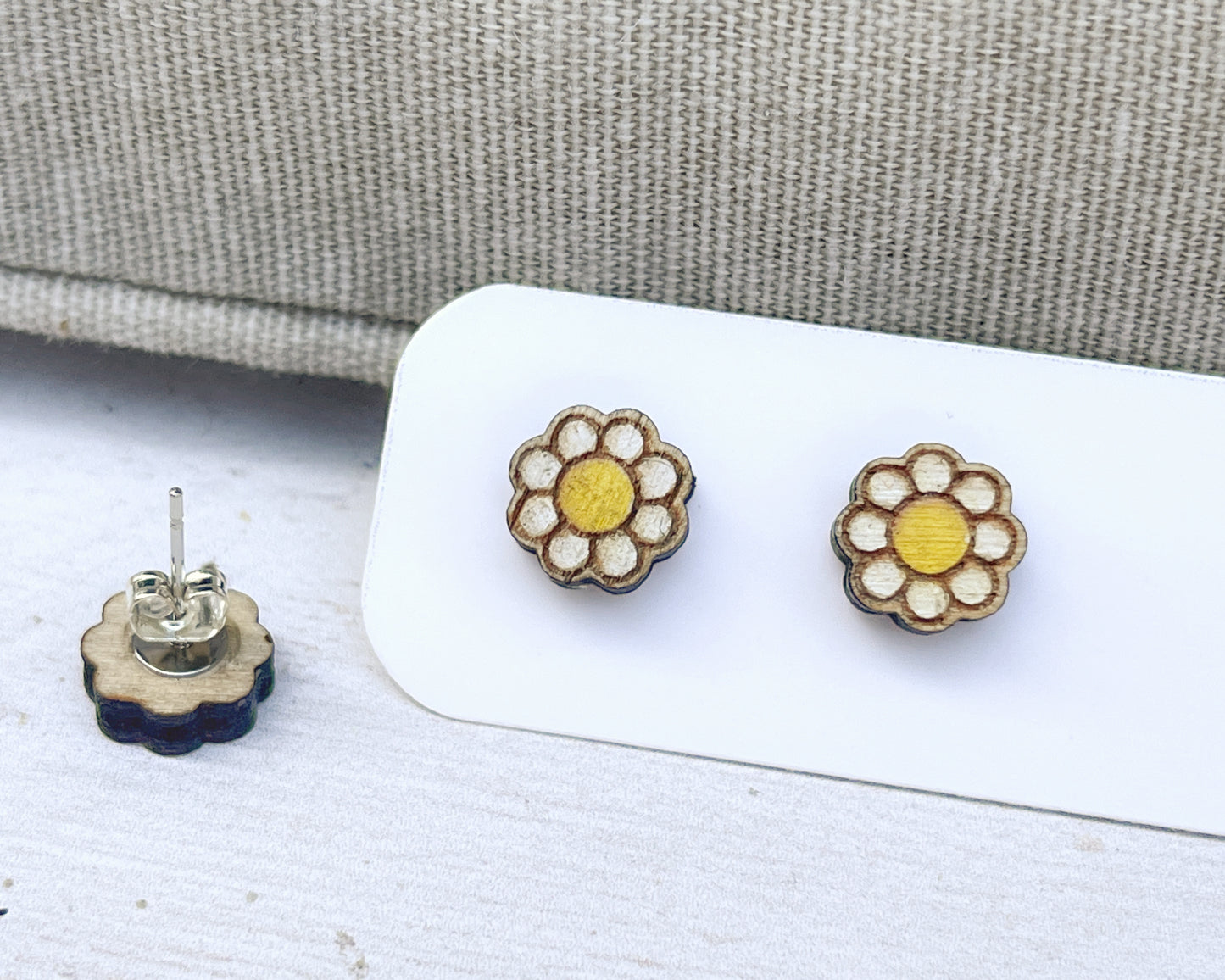 Daisy Flower Stud Earrings — Handmade Laser Cut Plywood, White or Blue, Floral Nature Jewellery