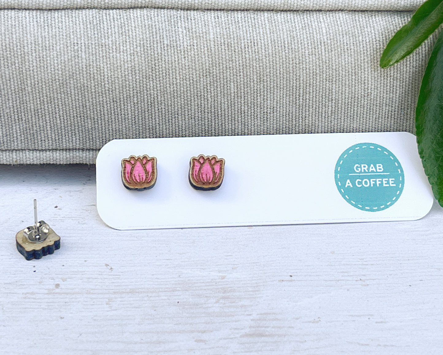 Tulip Stud Earrings — Handmade Laser Cut Plywood, Red Pink or Orange, Spring Floral Jewellery