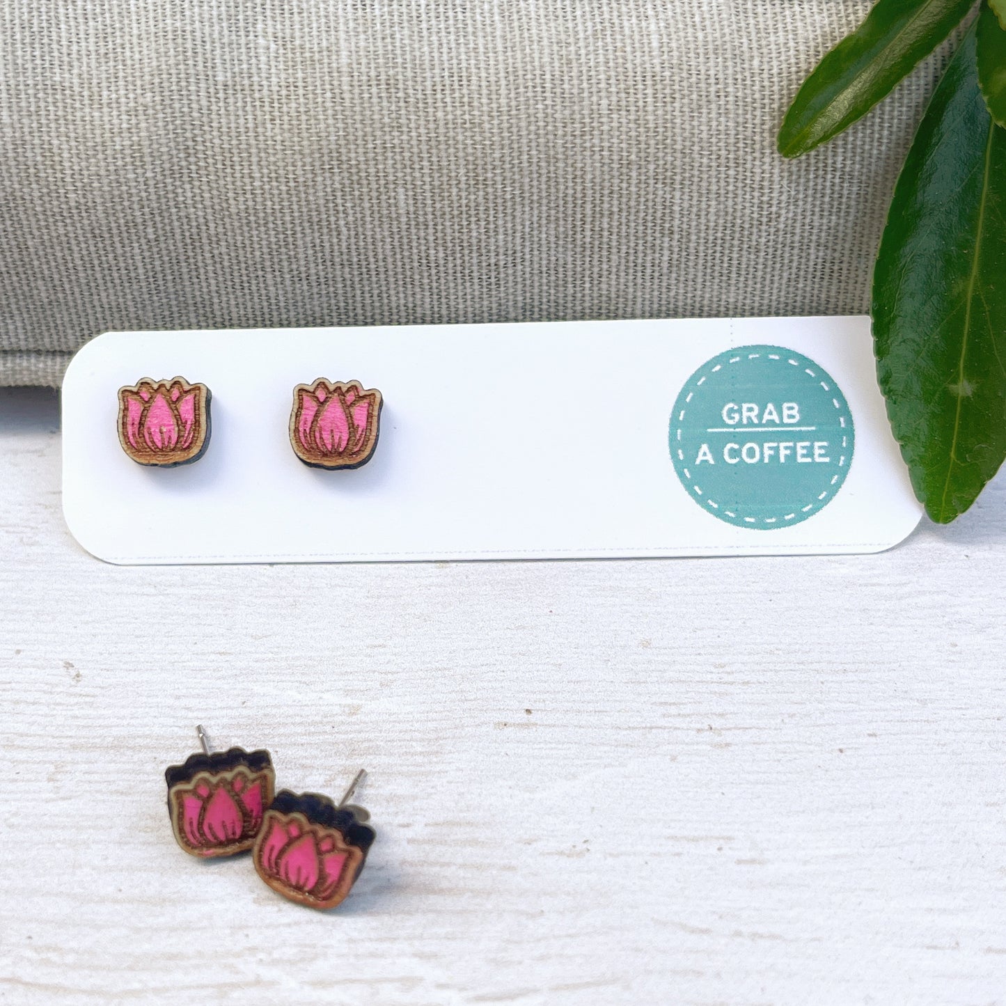 Tulip Stud Earrings — Handmade Laser Cut Plywood, Red Pink or Orange, Spring Floral Jewellery