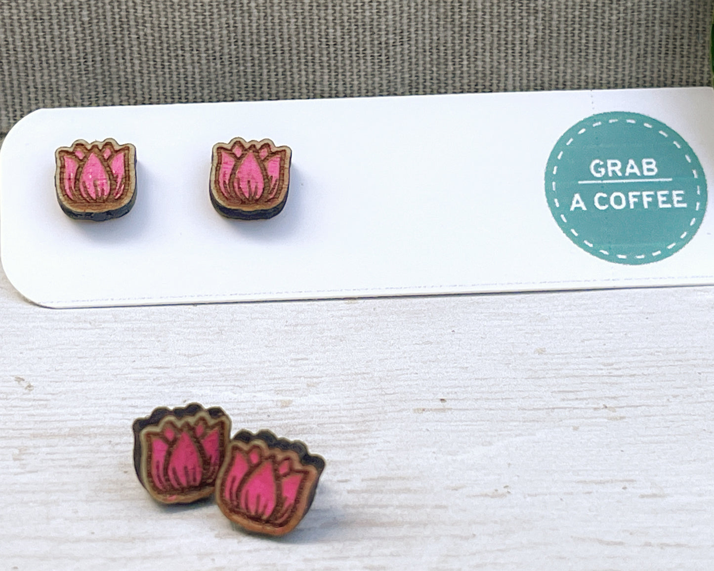 Tulip Stud Earrings — Handmade Laser Cut Plywood, Red Pink or Orange, Spring Floral Jewellery