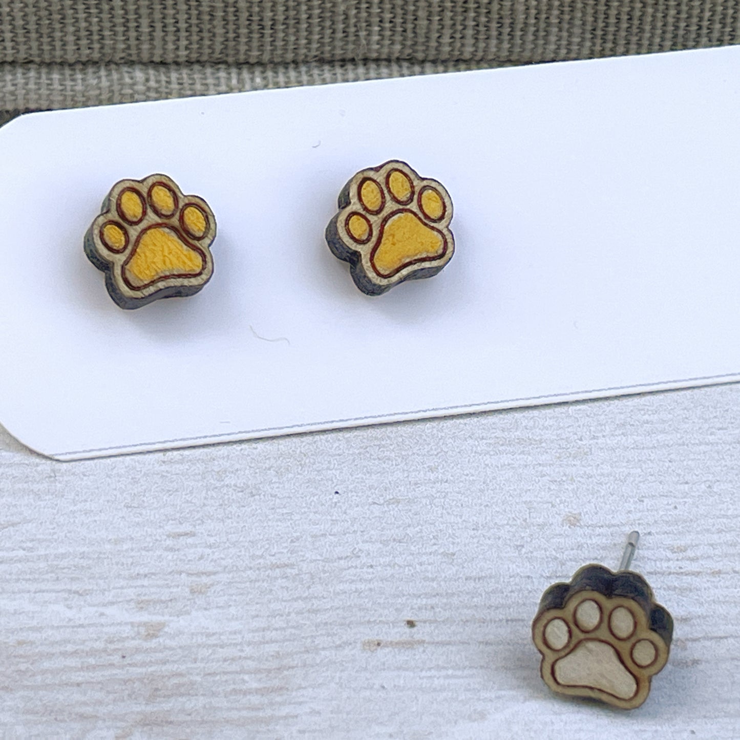 Hand Painted Wooden Tiny Paw Print Stud Earrings — Animal Lover Jewellery — Handmade Pet Lover Gift