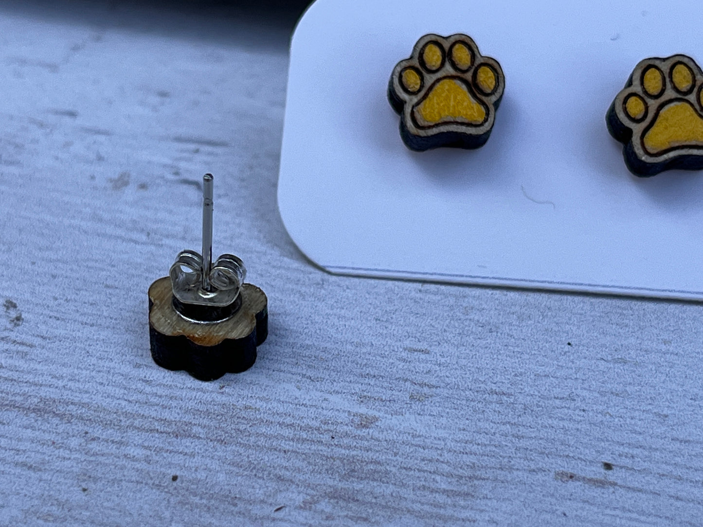 Hand Painted Wooden Tiny Paw Print Stud Earrings — Animal Lover Jewellery — Handmade Pet Lover Gift