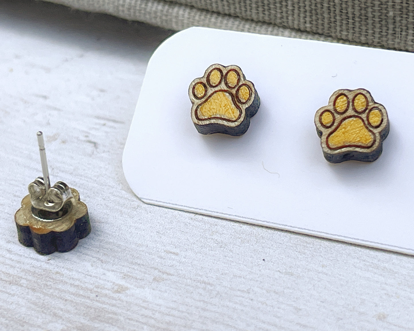 Hand Painted Wooden Tiny Paw Print Stud Earrings — Animal Lover Jewellery — Handmade Pet Lover Gift
