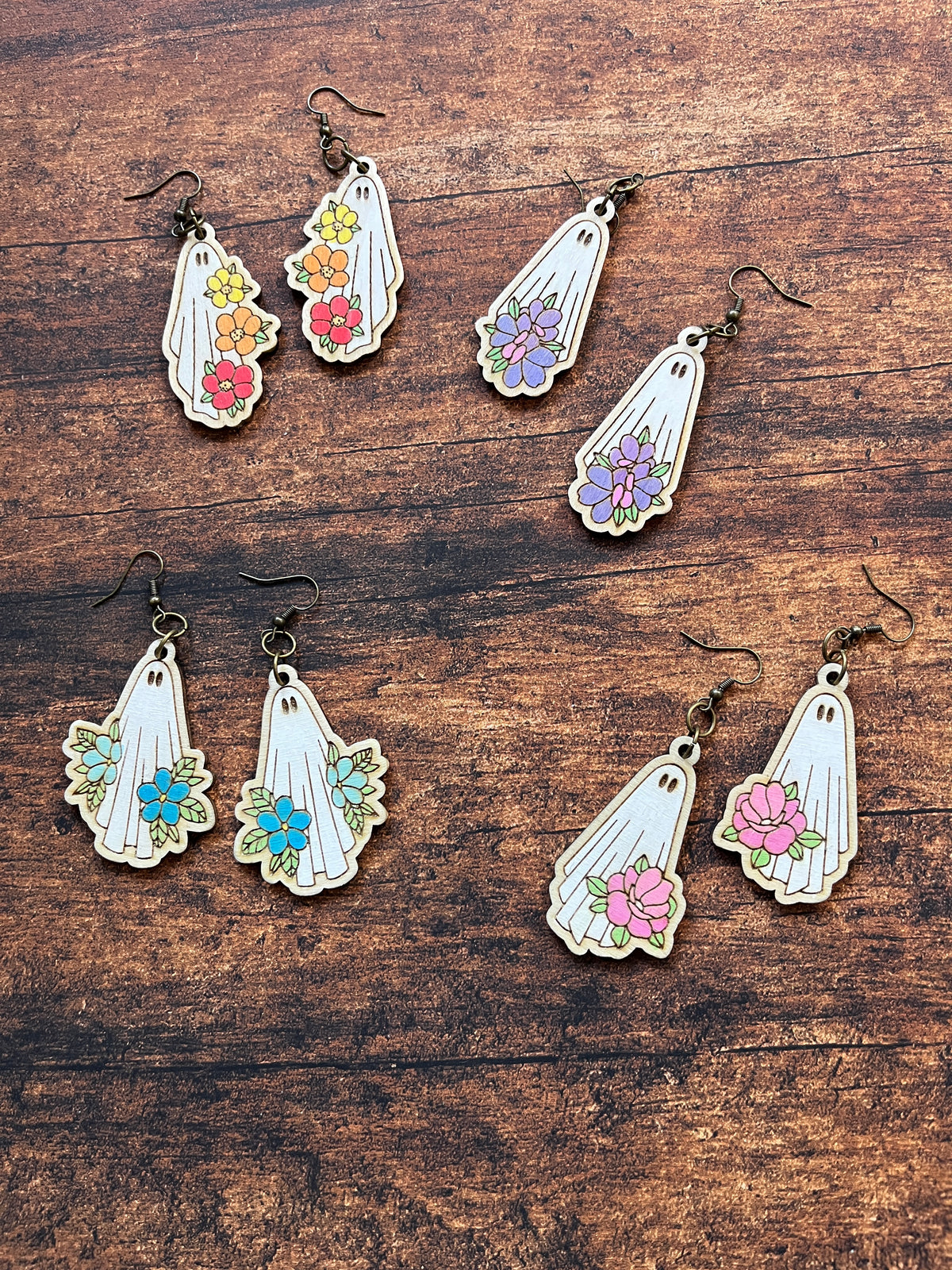 Floral Ghost Dangle Earrings – Hand Painted Birch Jewelry – Floral Fall Earrings for Her