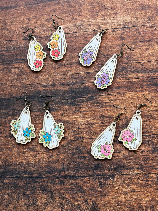 Floral Ghost Dangle Earrings – Hand Painted Birch Jewelry – Floral Fall Earrings for Her
