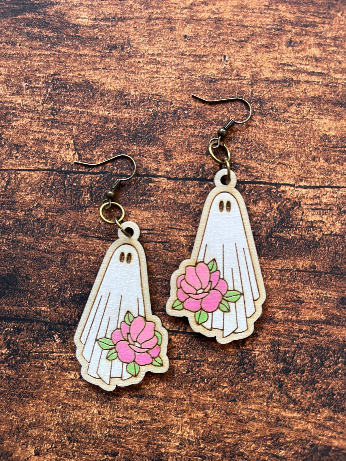 Floral Ghost Dangle Earrings – Hand Painted Birch Jewelry – Floral Fall Earrings for Her