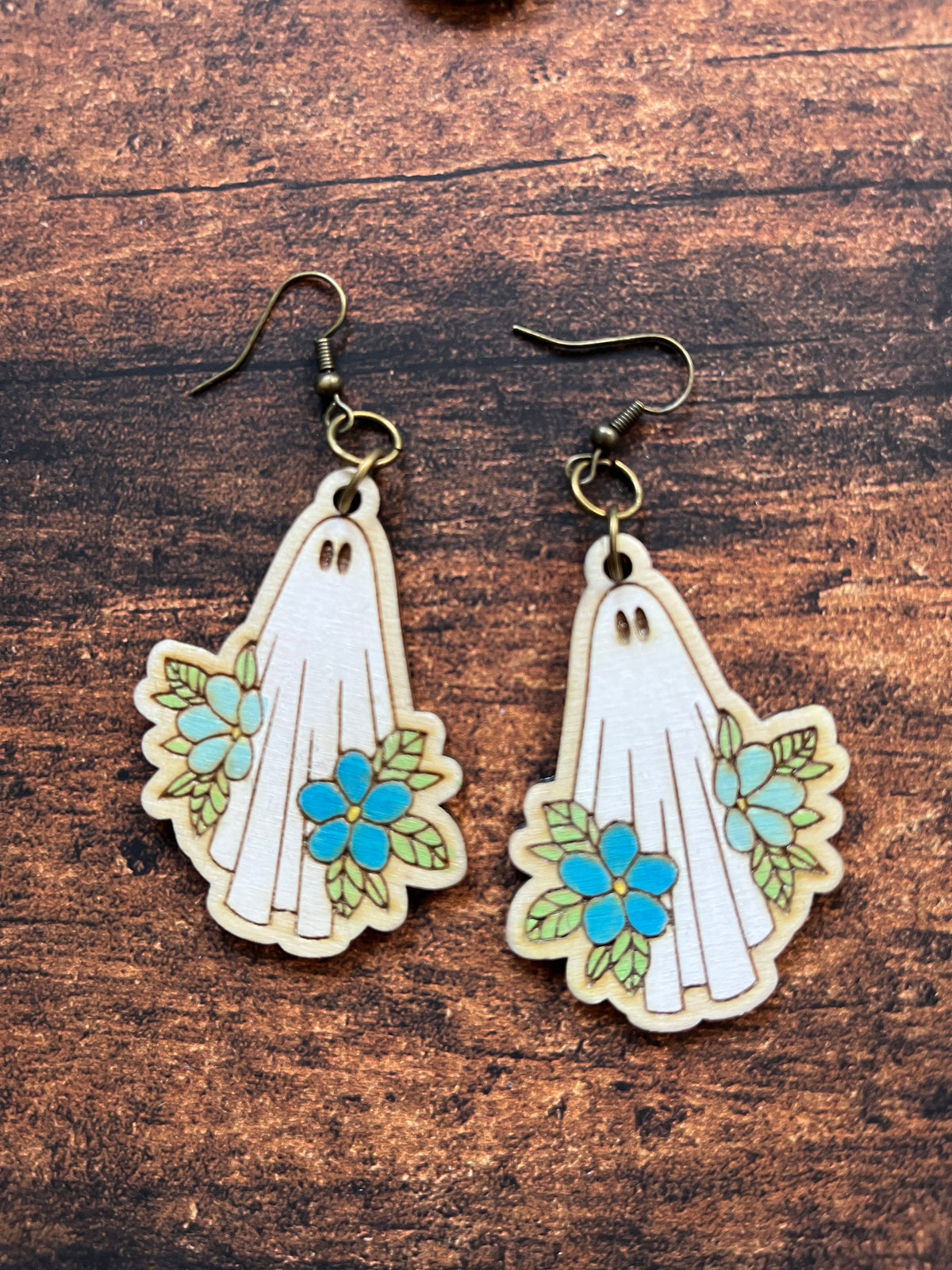 Floral Ghost Dangle Earrings – Hand Painted Birch Jewelry – Floral Fall Earrings for Her