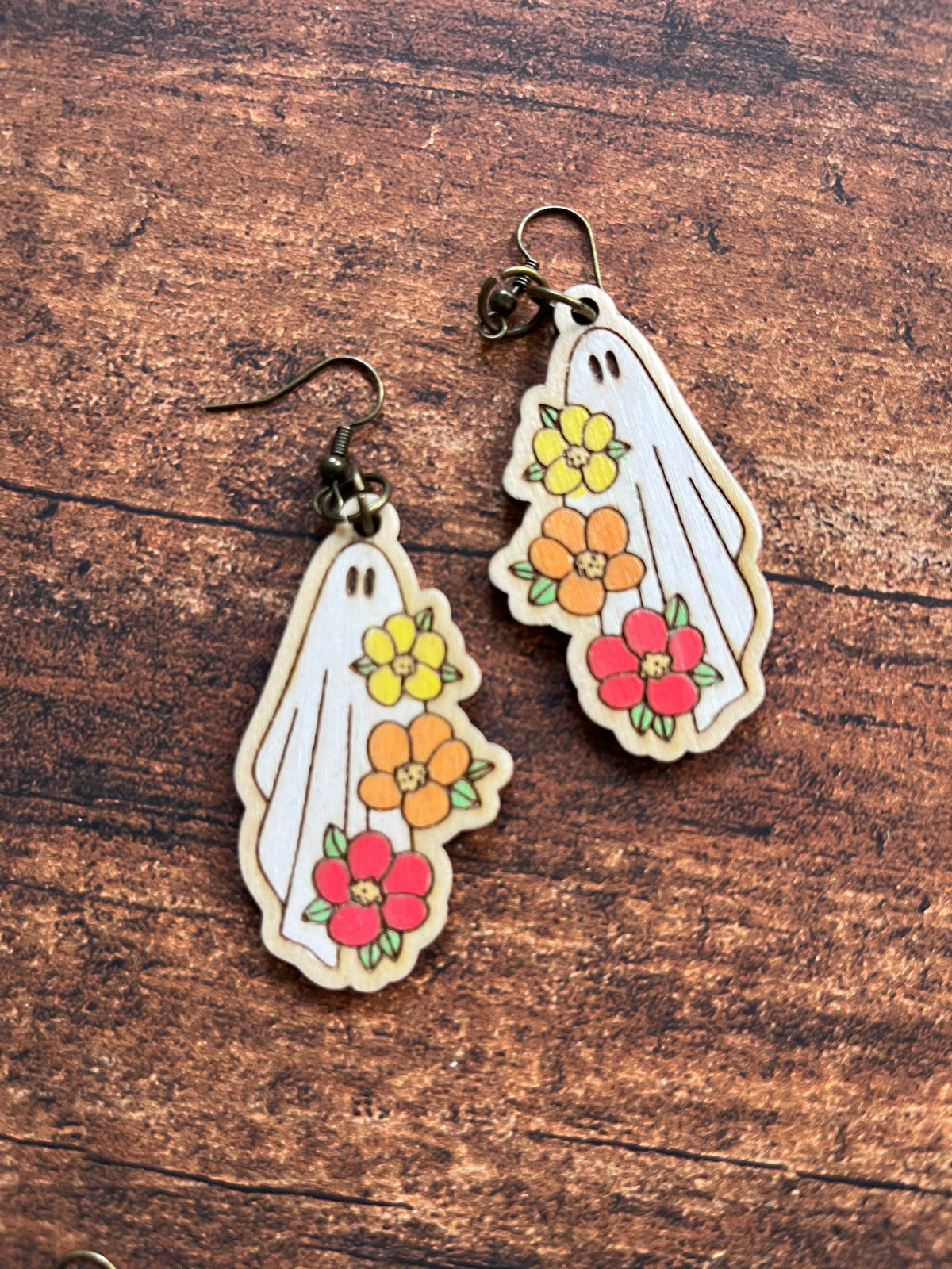 Floral Ghost Dangle Earrings – Hand Painted Birch Jewelry – Floral Fall Earrings for Her