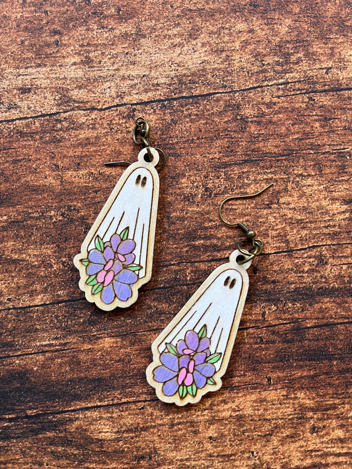 Floral Ghost Dangle Earrings – Hand Painted Birch Jewelry – Floral Fall Earrings for Her