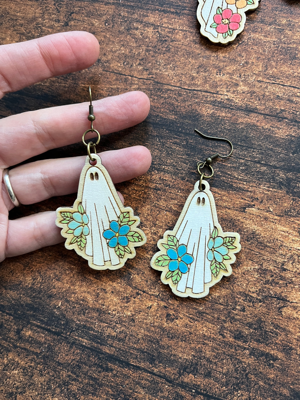 Floral Ghost Dangle Earrings – Hand Painted Birch Jewelry – Floral Fall Earrings for Her