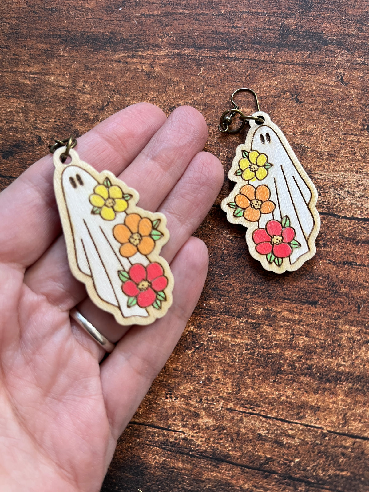 Floral Ghost Dangle Earrings – Hand Painted Birch Jewelry – Floral Fall Earrings for Her