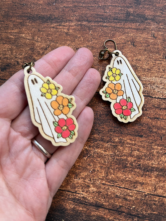 Floral Ghost Dangle Earrings – Hand Painted Birch Jewelry – Floral Fall Earrings for Her