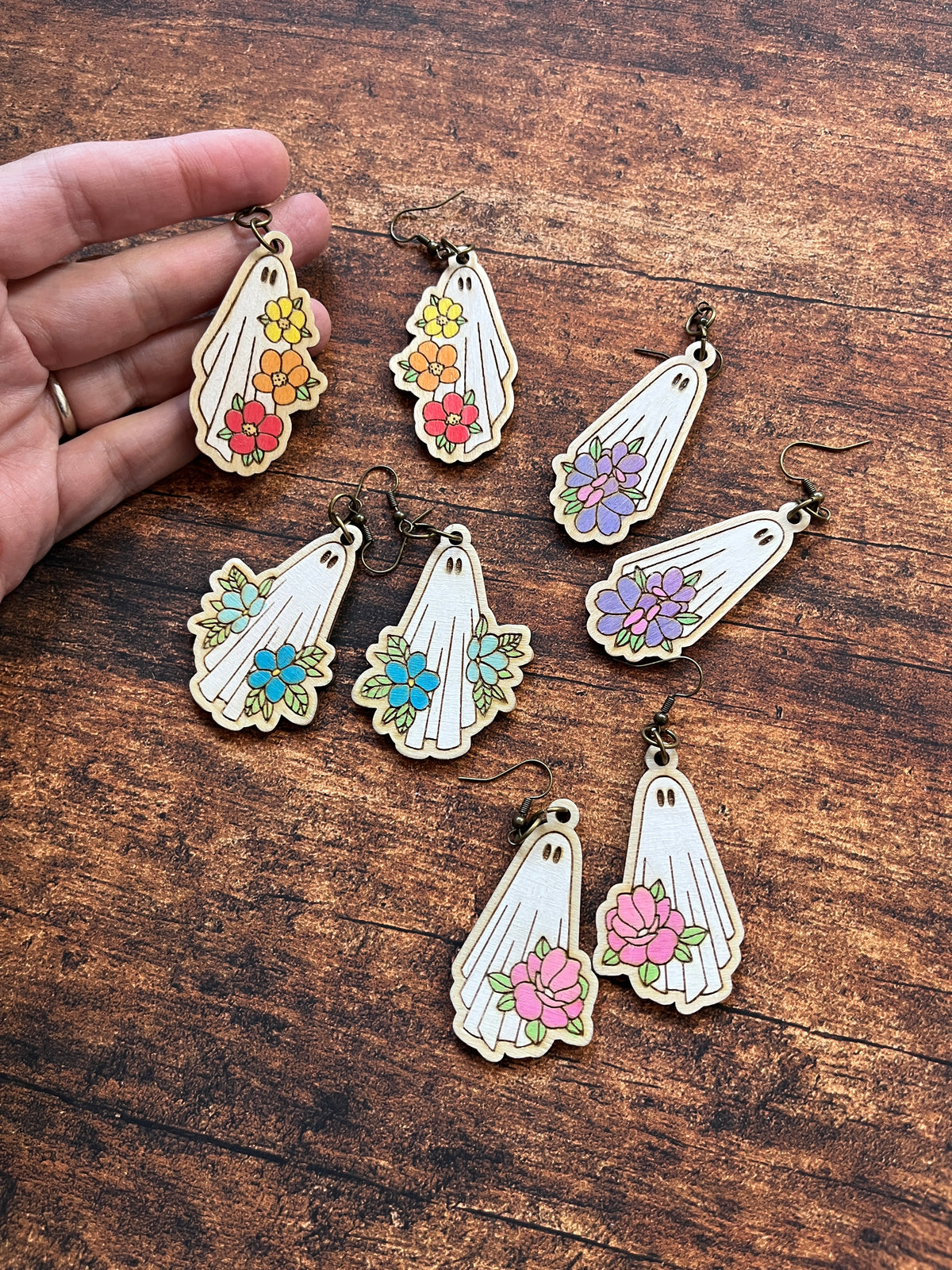 Floral Ghost Dangle Earrings – Hand Painted Birch Jewelry – Floral Fall Earrings for Her