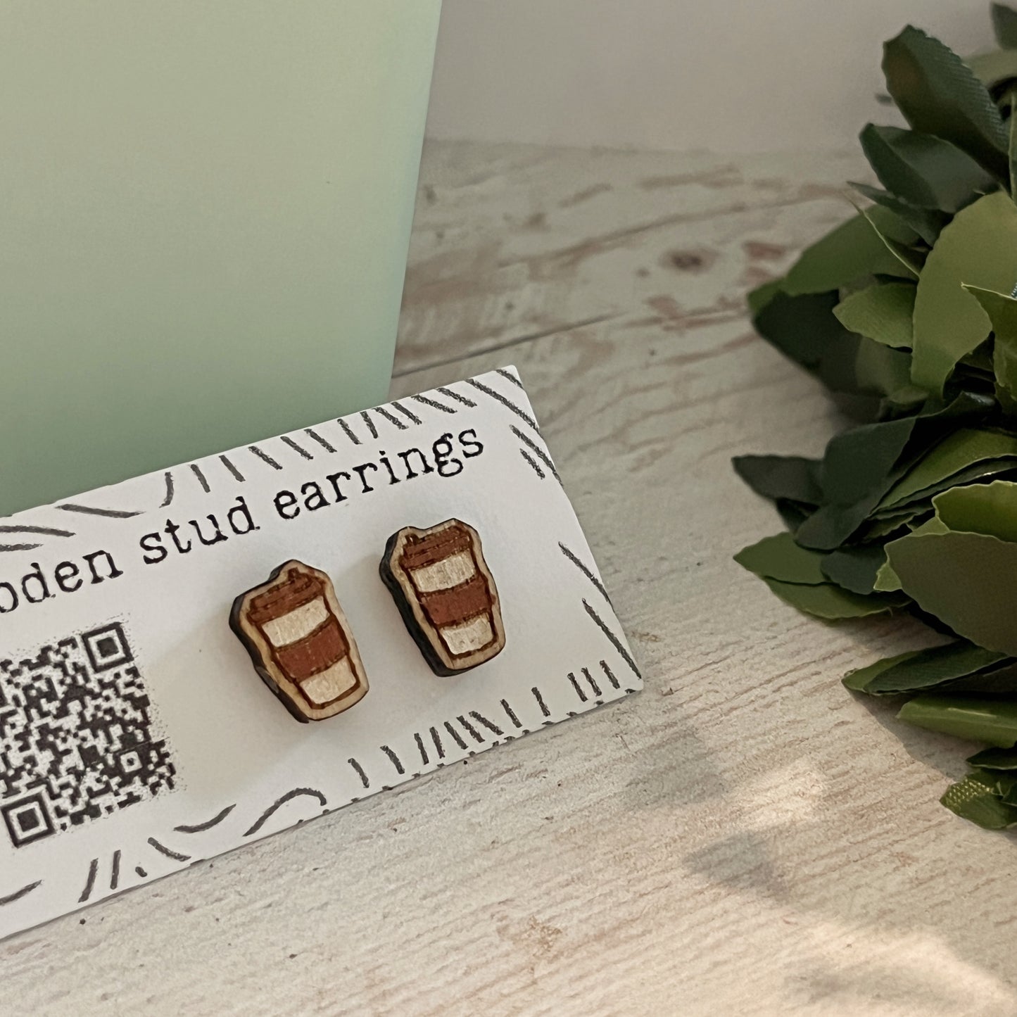 Hand Painted Wooden Coffee Cup Stud Earrings — Mini To-Go Cup — Handmade Gift for Coffee Lovers