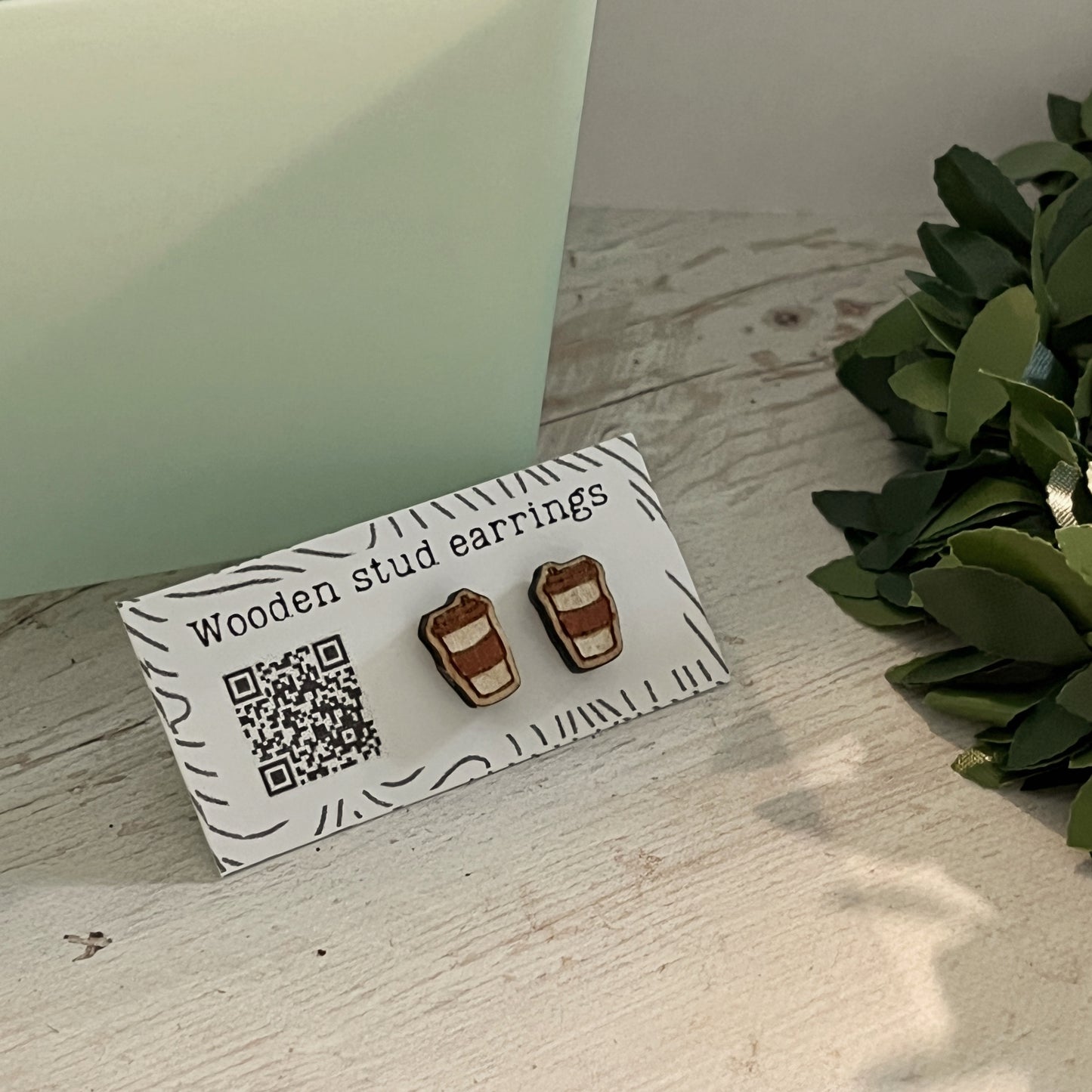 Hand Painted Wooden Coffee Cup Stud Earrings — Mini To-Go Cup — Handmade Gift for Coffee Lovers