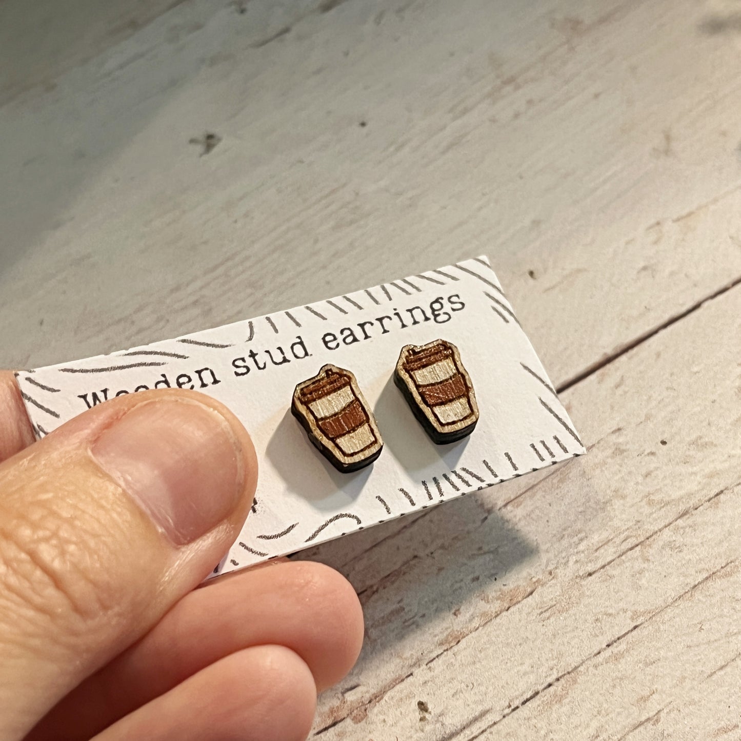 Hand Painted Wooden Coffee Cup Stud Earrings — Mini To-Go Cup — Handmade Gift for Coffee Lovers