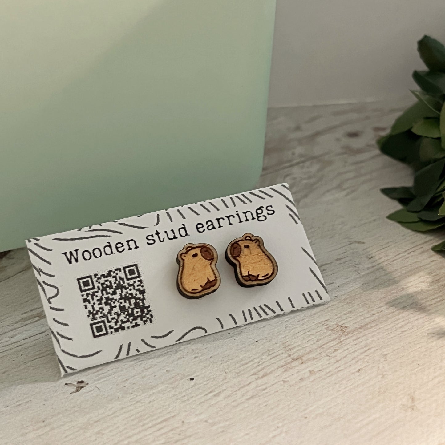 Hand Painted Wooden Stud Earrings — Capybara — Lightweight Hypoallergenic Gift