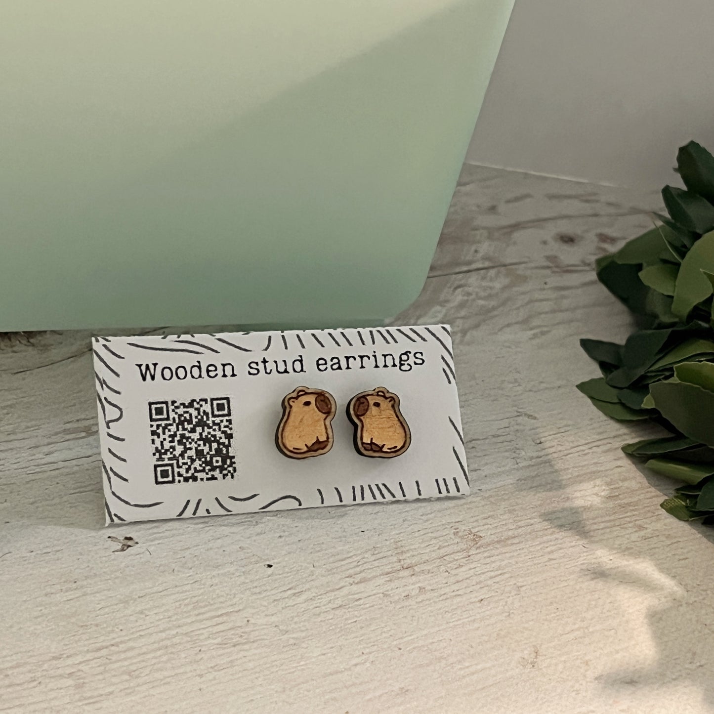 Hand Painted Wooden Stud Earrings — Capybara — Lightweight Hypoallergenic Gift