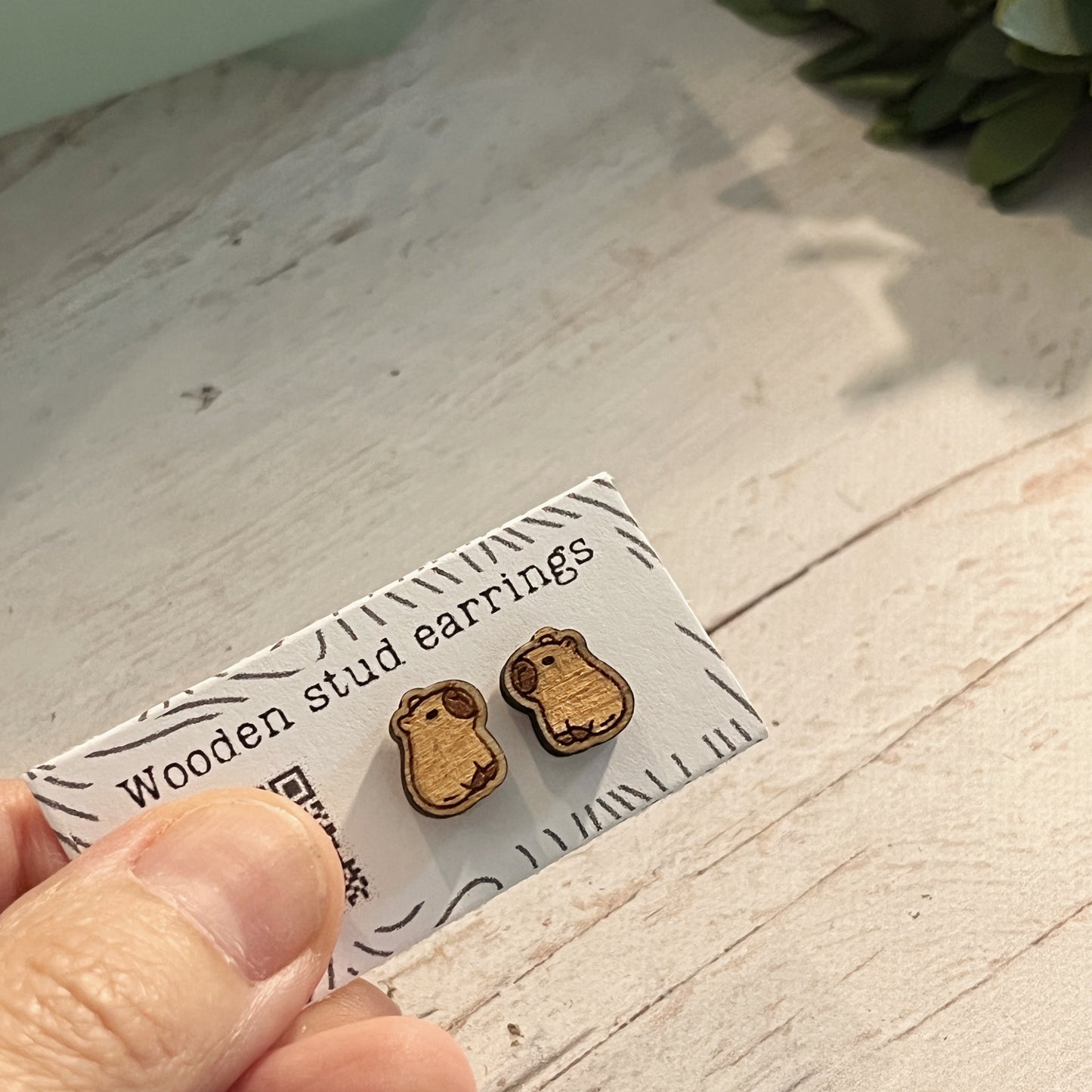 Hand Painted Wooden Stud Earrings — Capybara — Lightweight Hypoallergenic Gift