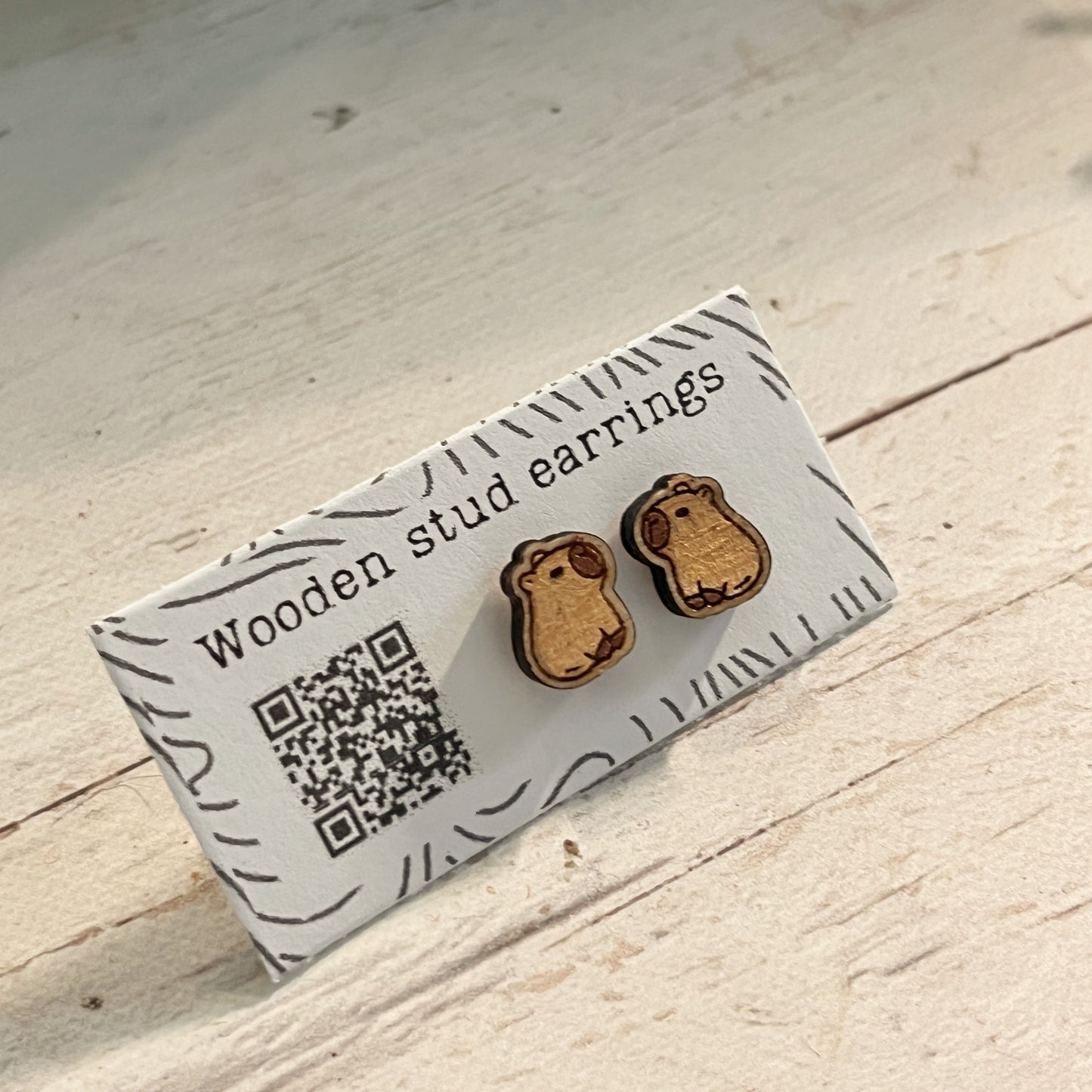 Hand Painted Wooden Stud Earrings — Capybara — Lightweight Hypoallergenic Gift
