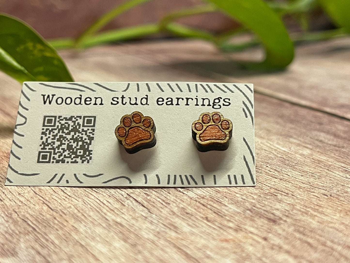 Hand Painted Wooden Tiny Paw Print Stud Earrings — Animal Lover Jewellery — Handmade Pet Lover Gift