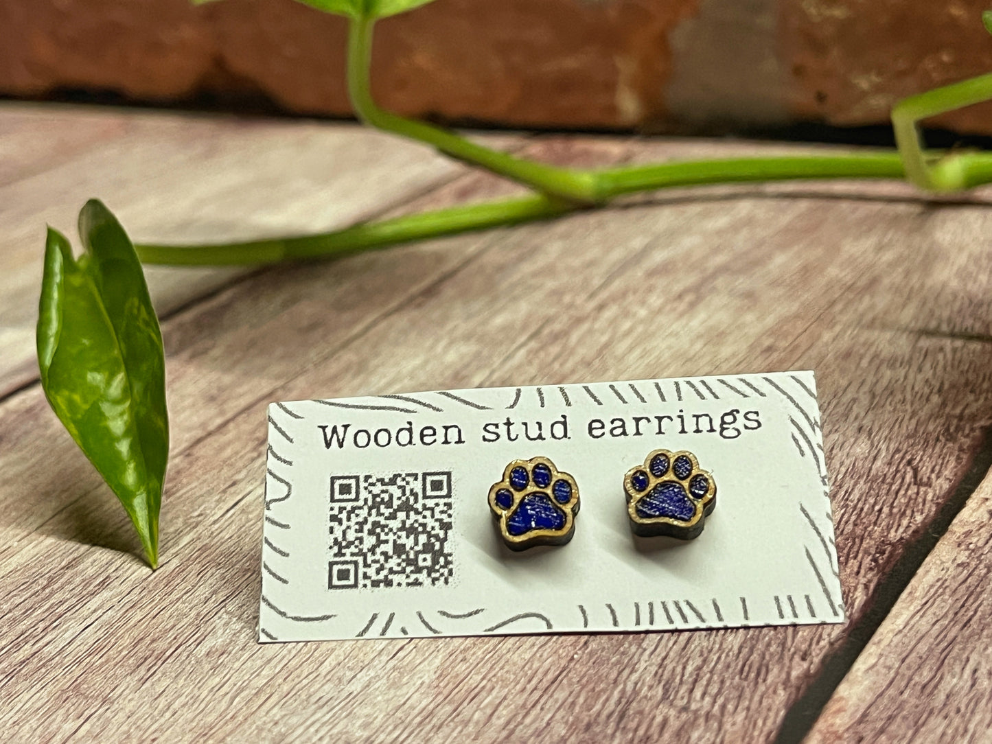 Hand Painted Wooden Tiny Paw Print Stud Earrings — Animal Lover Jewellery — Handmade Pet Lover Gift