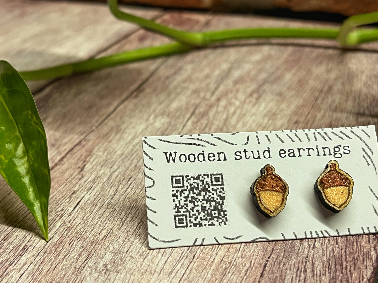 Hand Painted Wooden Acorn Stud Earrings — Handmade Nature Jewellery Gift