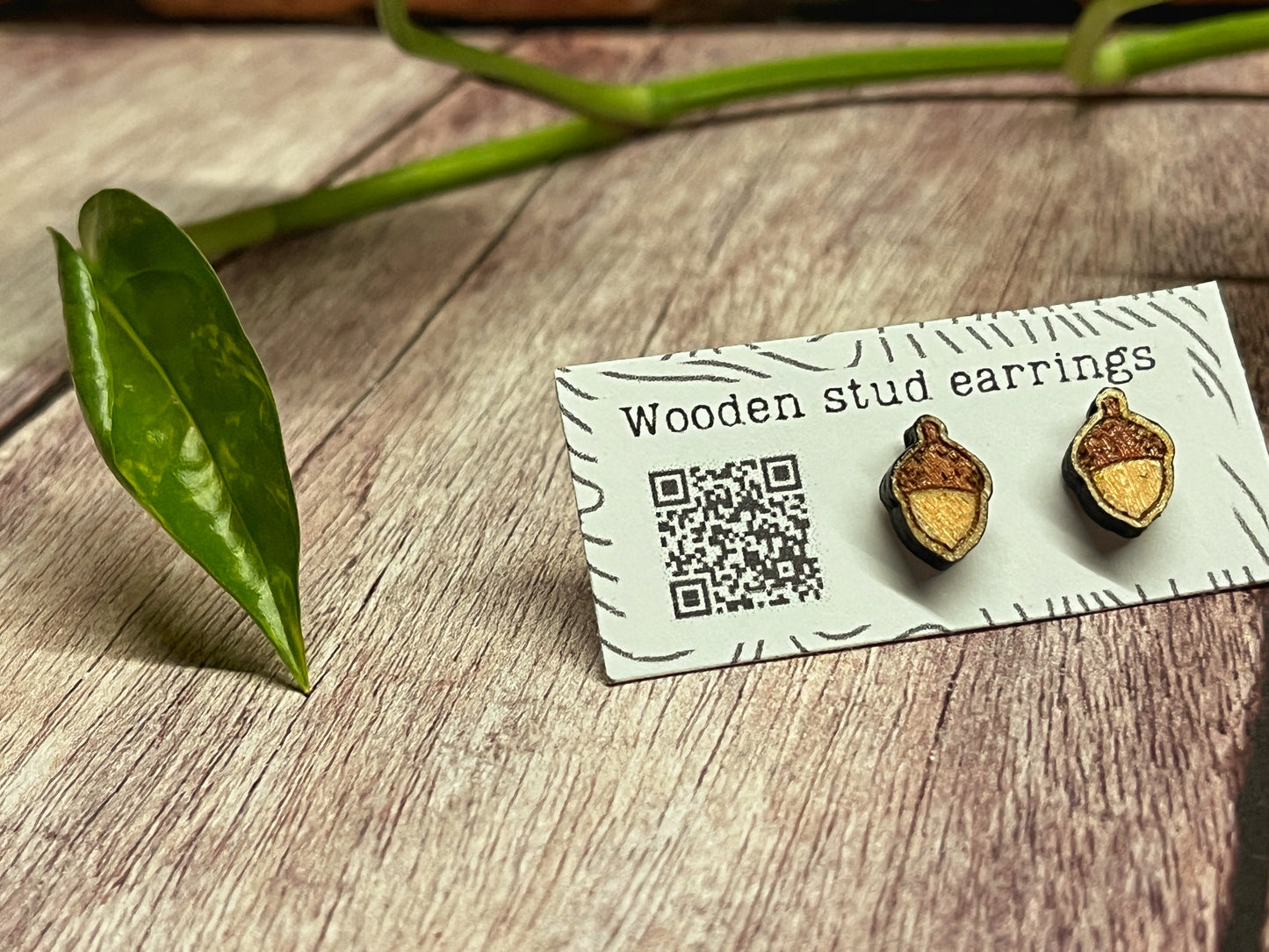 Hand Painted Wooden Acorn Stud Earrings — Handmade Nature Jewellery Gift
