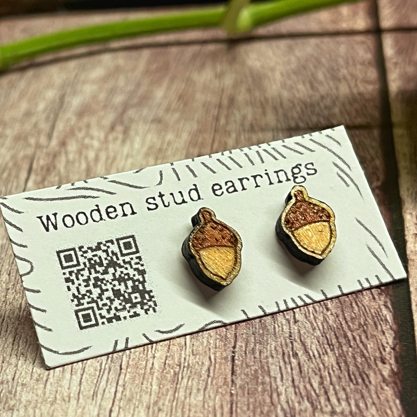 Hand Painted Wooden Acorn Stud Earrings — Handmade Nature Jewellery Gift