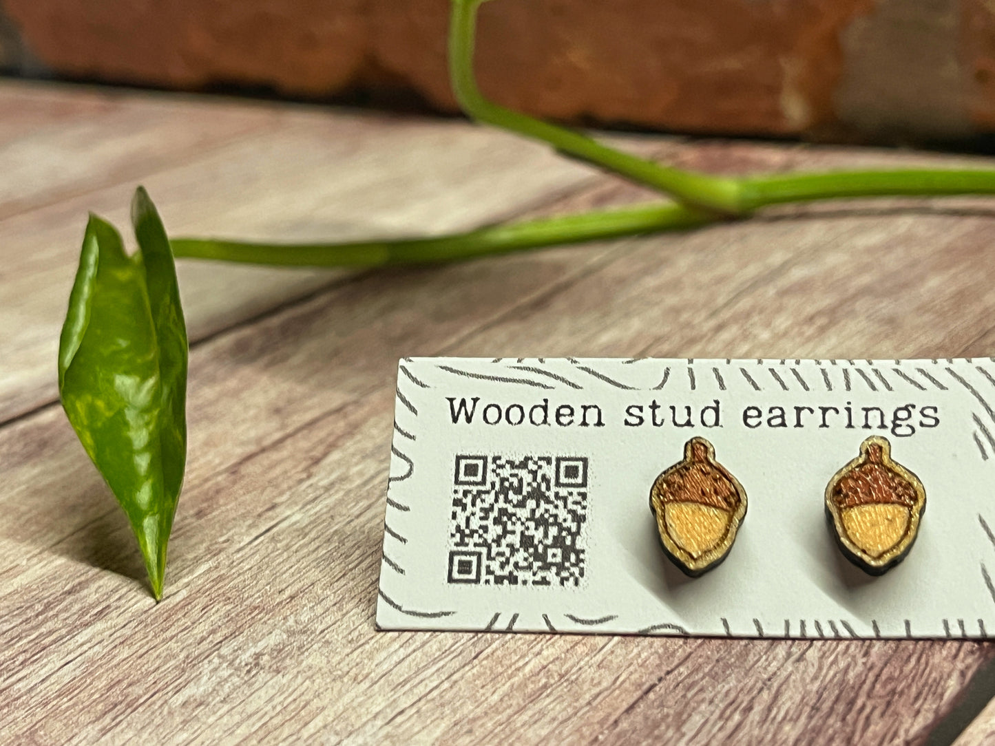 Hand Painted Wooden Acorn Stud Earrings — Handmade Nature Jewellery Gift