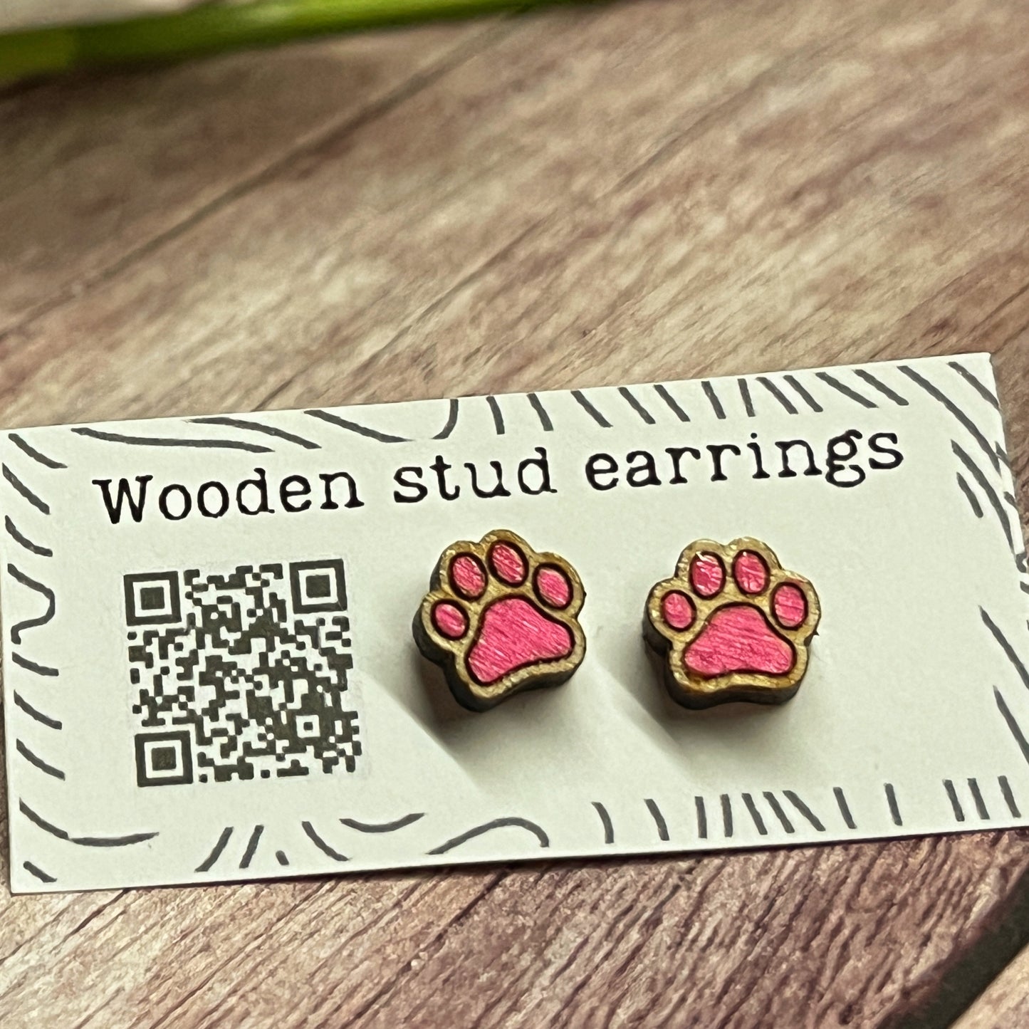 Hand Painted Wooden Tiny Paw Print Stud Earrings — Animal Lover Jewellery — Handmade Pet Lover Gift