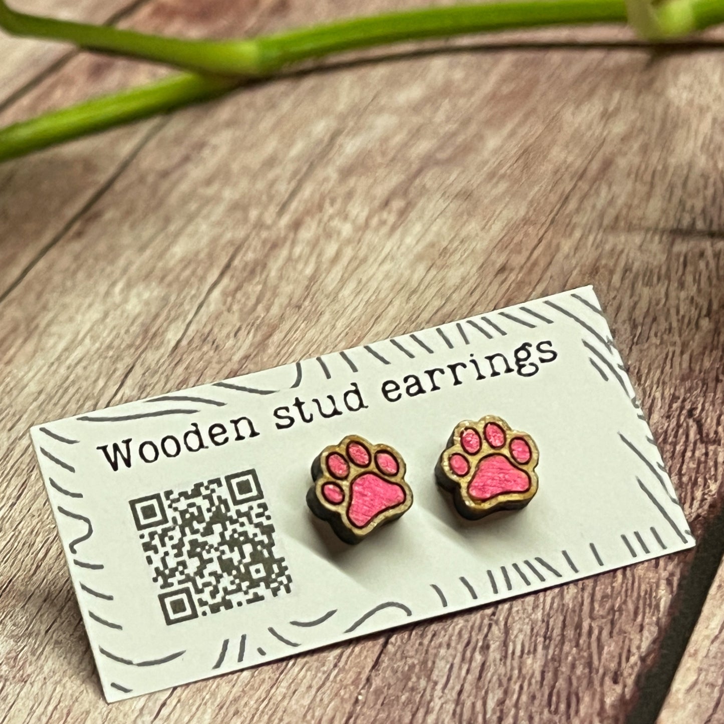 Hand Painted Wooden Tiny Paw Print Stud Earrings — Animal Lover Jewellery — Handmade Pet Lover Gift