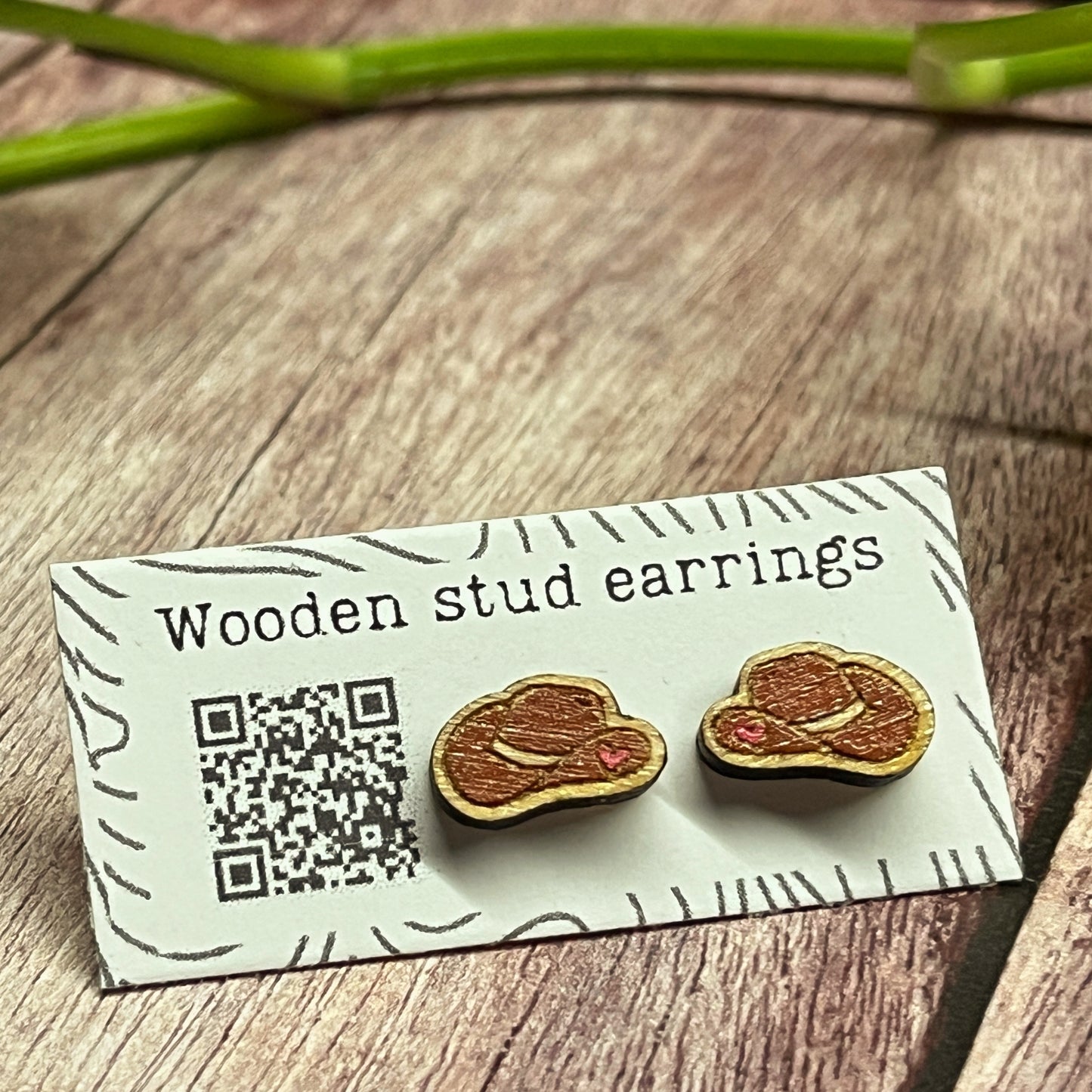 Hand Painted Wooden Mini Cowboy Hat Stud Earrings — Western Jewellery — Quirky Handmade Gift
