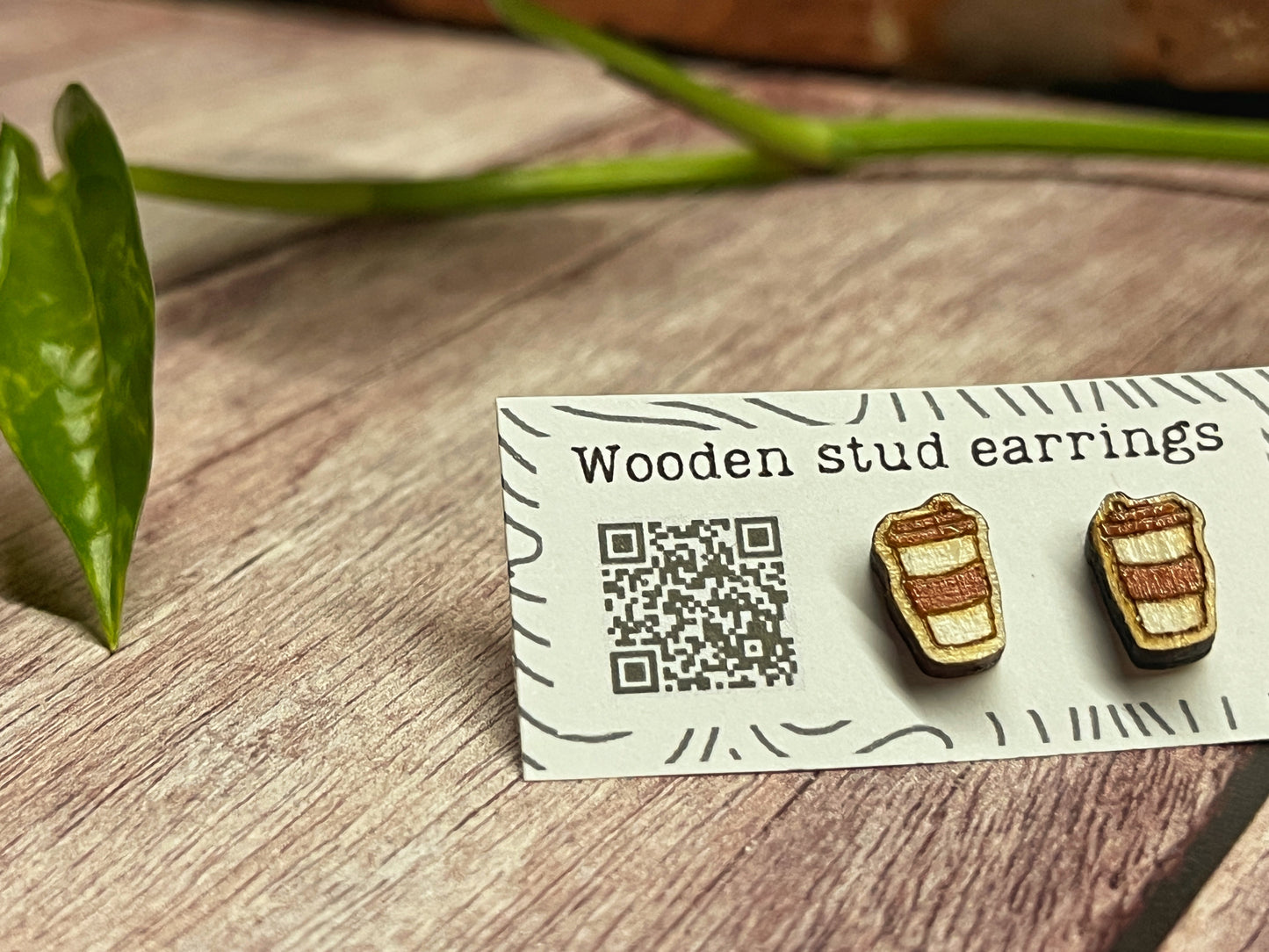 Hand Painted Wooden Coffee Cup Stud Earrings — Mini To-Go Cup — Handmade Gift for Coffee Lovers