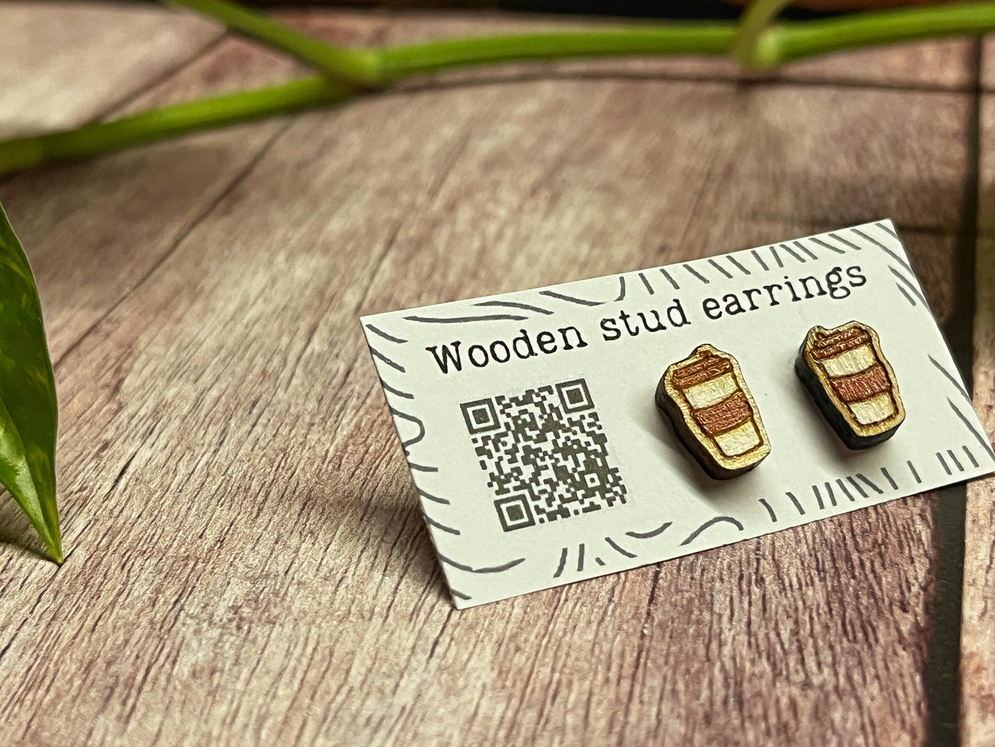 Hand Painted Wooden Coffee Cup Stud Earrings — Mini To-Go Cup — Handmade Gift for Coffee Lovers